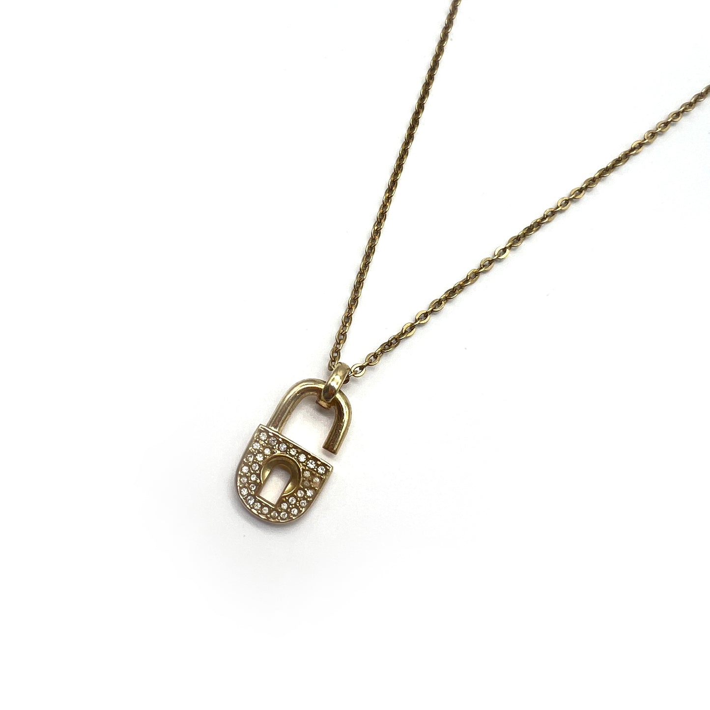 Christian Dior Vintage Lock Shape Rhinestone Golden Necklace