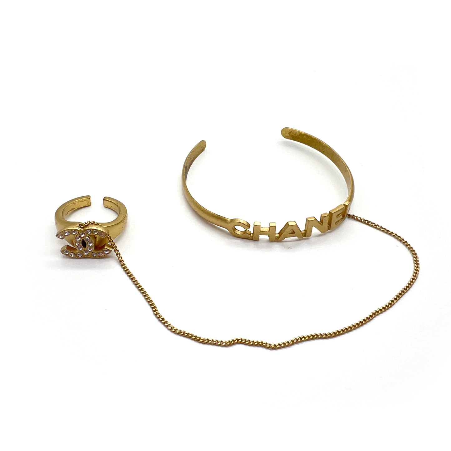 Chanel Vintage Logo Golden Bangle With Cc Logo Rhinestone Ring