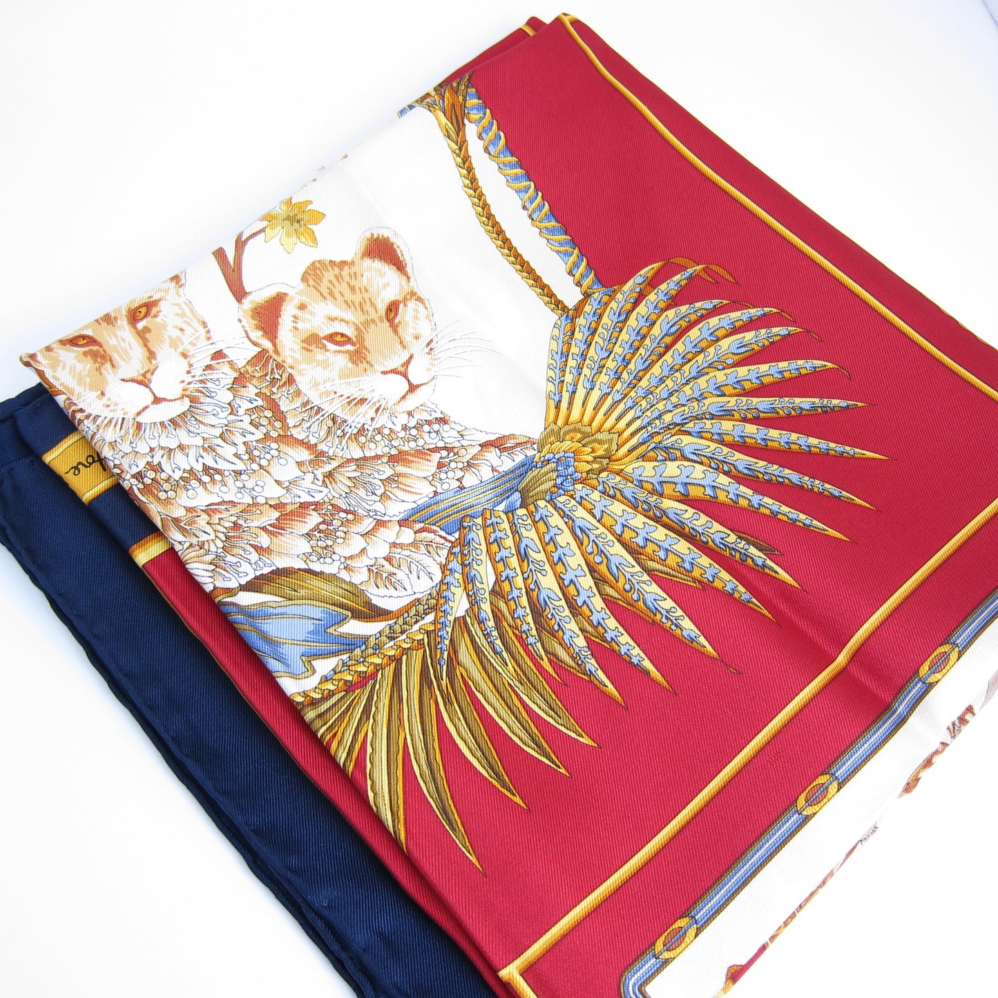 Ferragamo Vintage Animal Motif Red and Dark Blue Silk Scarf