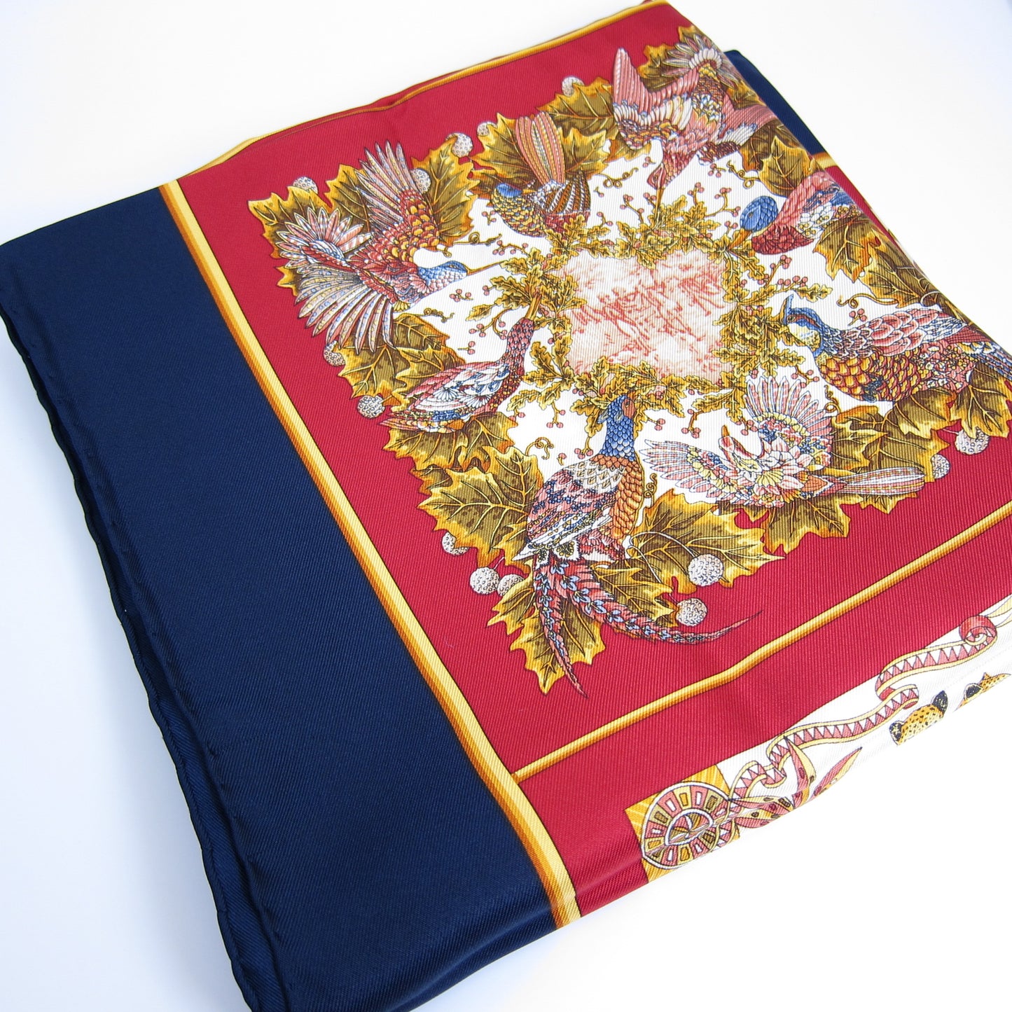 Ferragamo Vintage Animal Motif Red and Dark Blue Silk Scarf