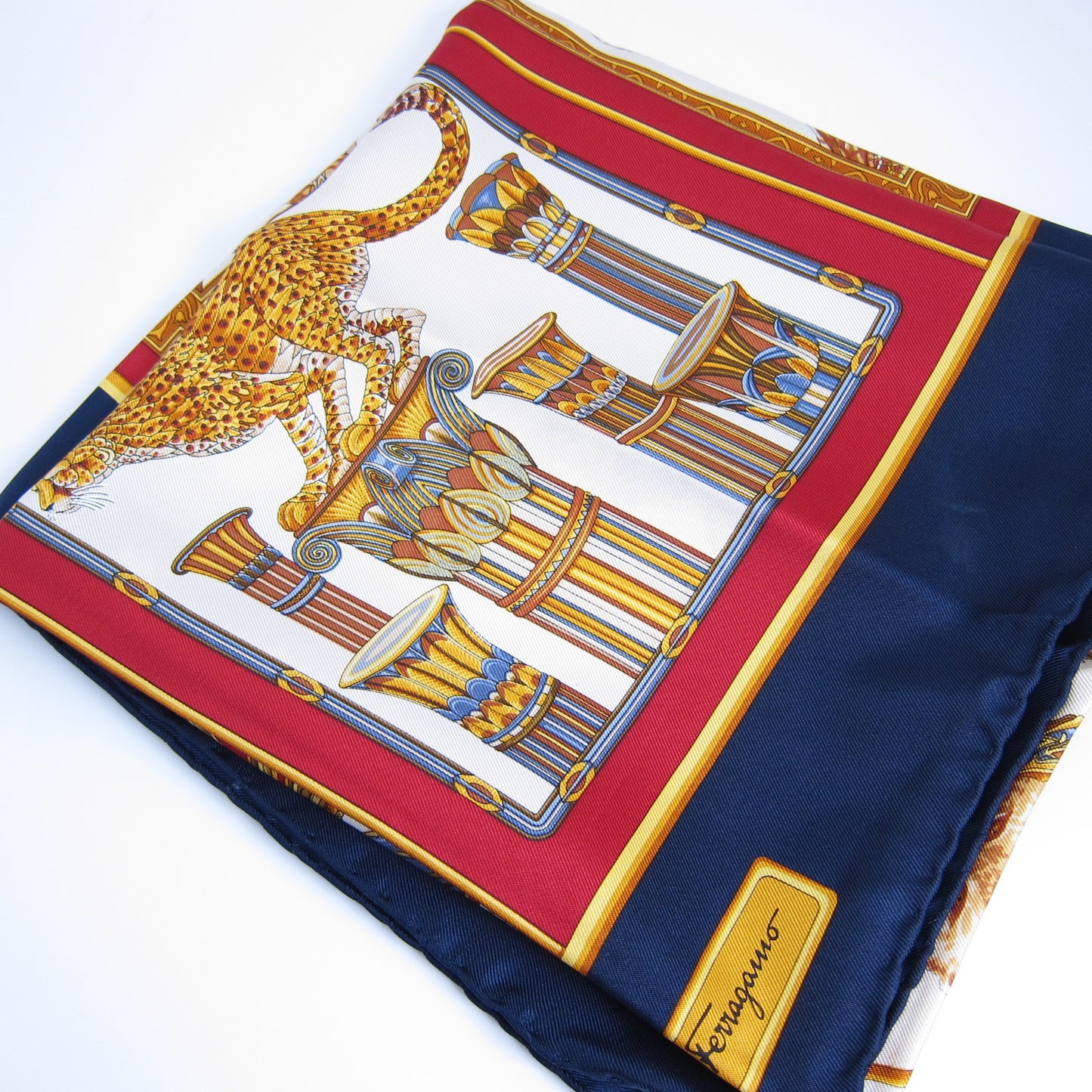 Ferragamo Vintage Animal Motif Red and Dark Blue Silk Scarf