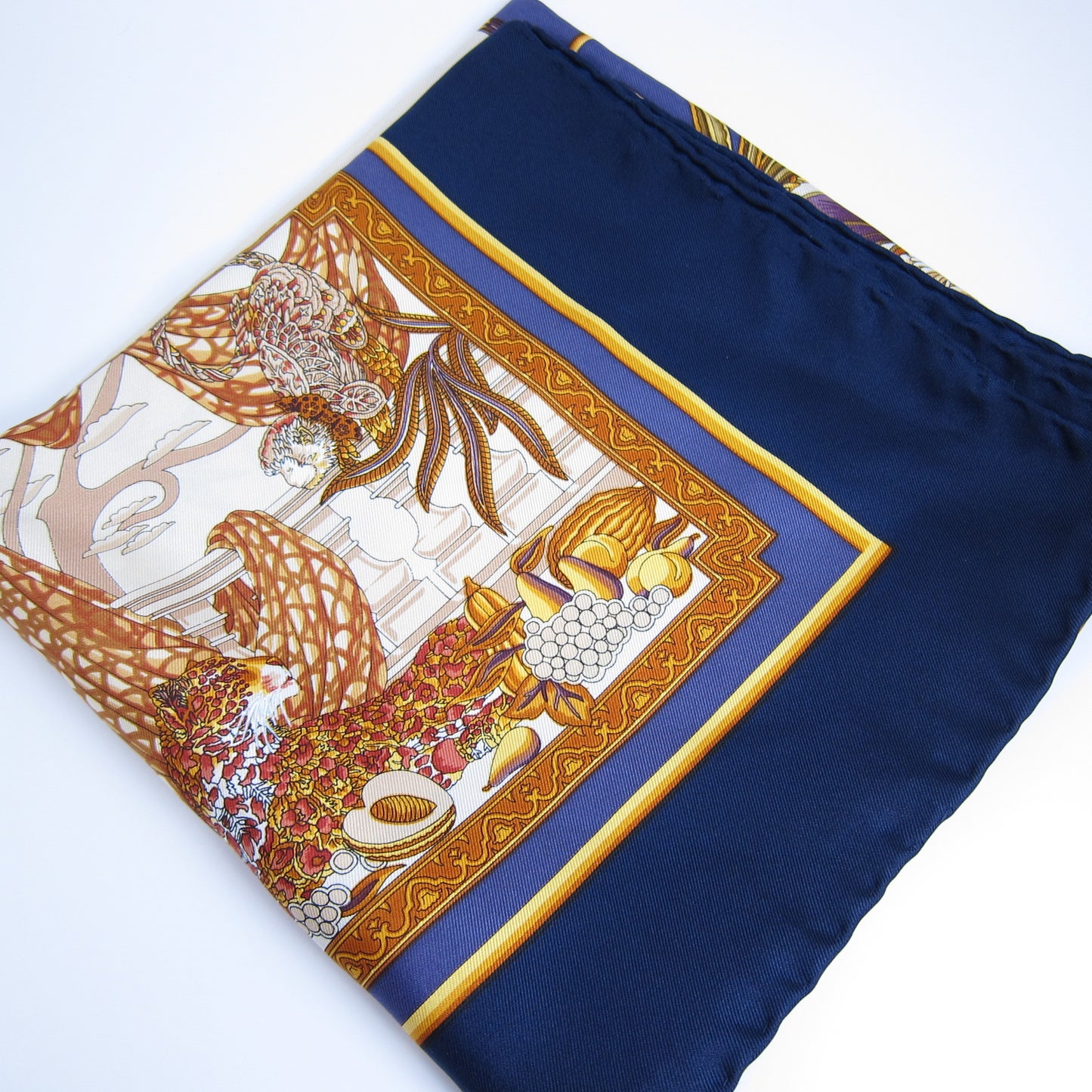 Ferragamo Vintage Animal Motif Indigo Blue Silk Scarf