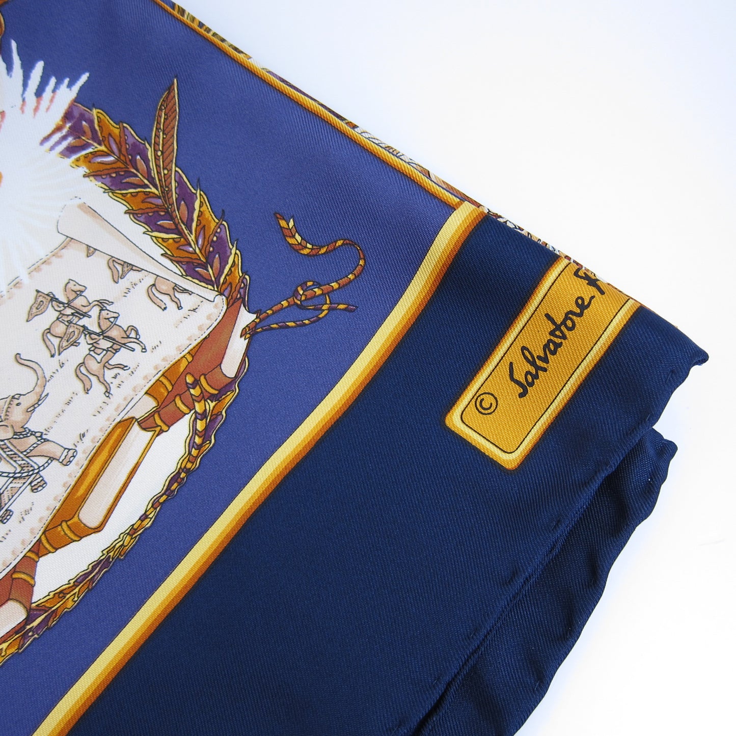 Ferragamo Vintage Animal Motif Indigo Blue Silk Scarf