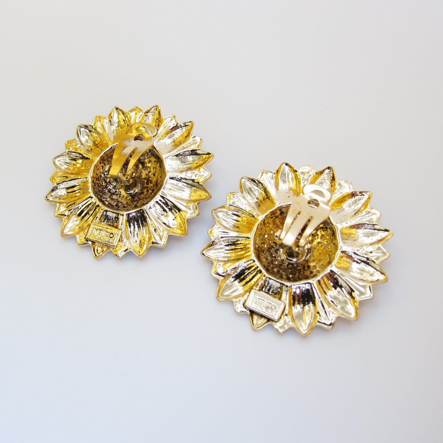 Kenzo Vintage Sunflower Motif Golden Clip-on Earrings