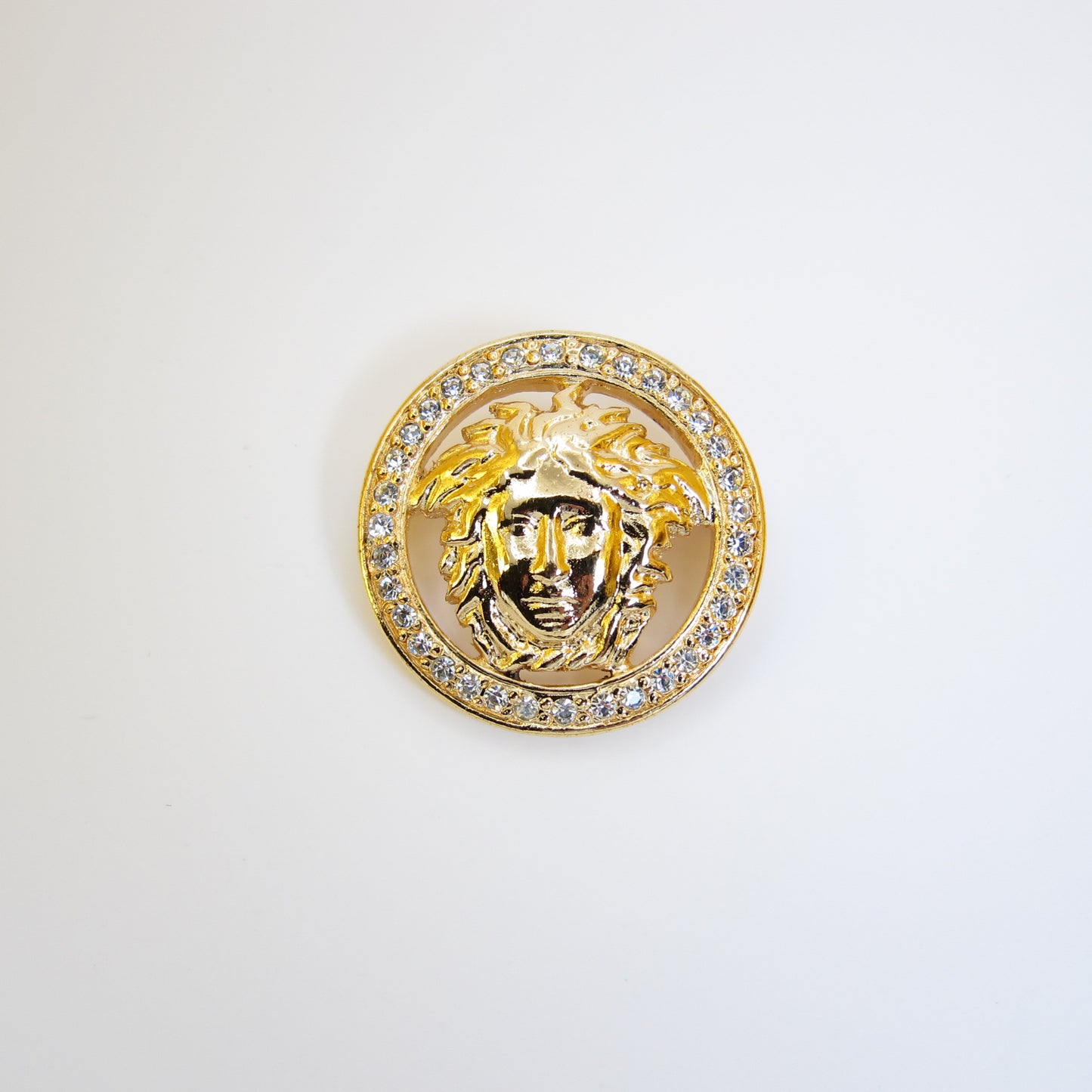 Gianni Versace Vintage Medusa Icon with Rhinestone Golden Brooch
