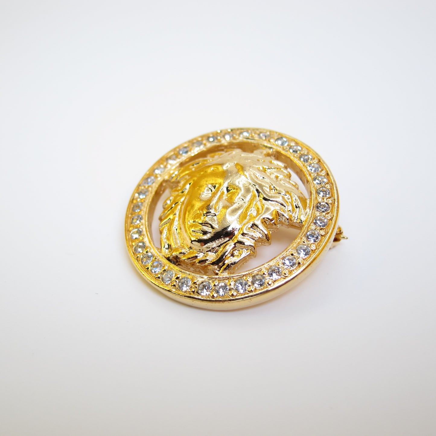 Gianni Versace Vintage Medusa Icon with Rhinestone Golden Brooch