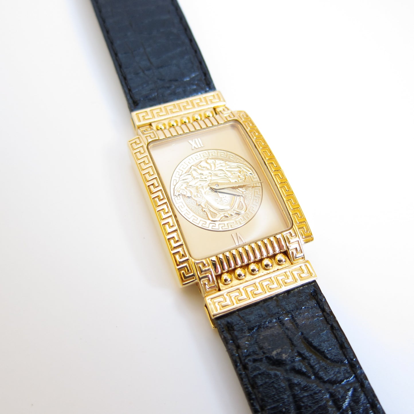 Gianni Versace Vintage Rectangle Gold Frame Yellow Face with Medusa Black Leather Strap Watch