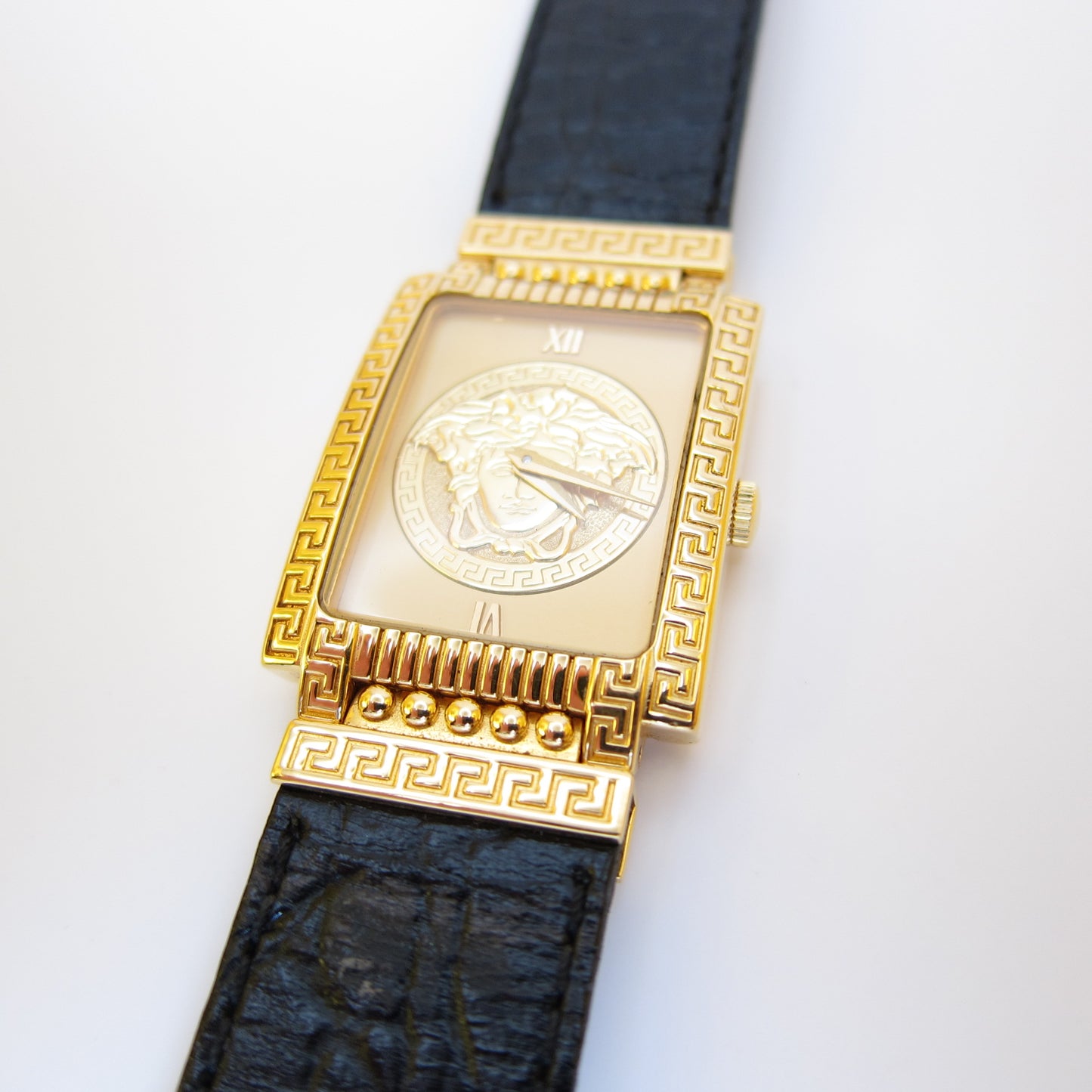 Gianni Versace Vintage Rectangle Gold Frame Yellow Face with Medusa Black Leather Strap Watch