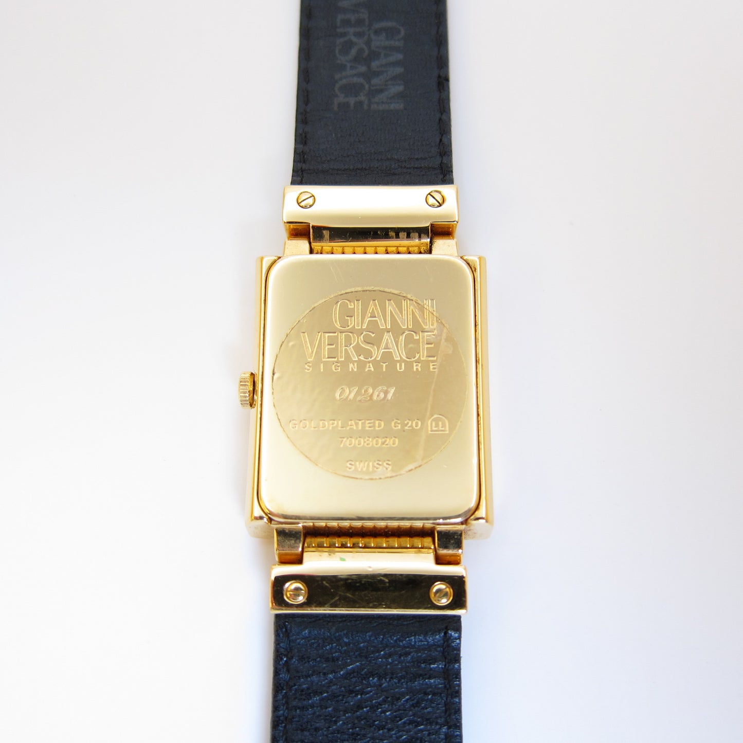 Gianni Versace Vintage Rectangle Gold Frame Yellow Face with Medusa Black Leather Strap Watch