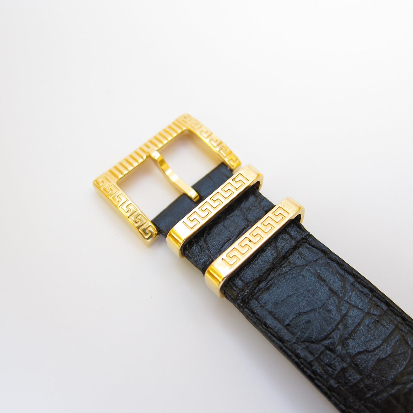 Gianni Versace Vintage Rectangle Gold Frame Yellow Face with Medusa Black Leather Strap Watch