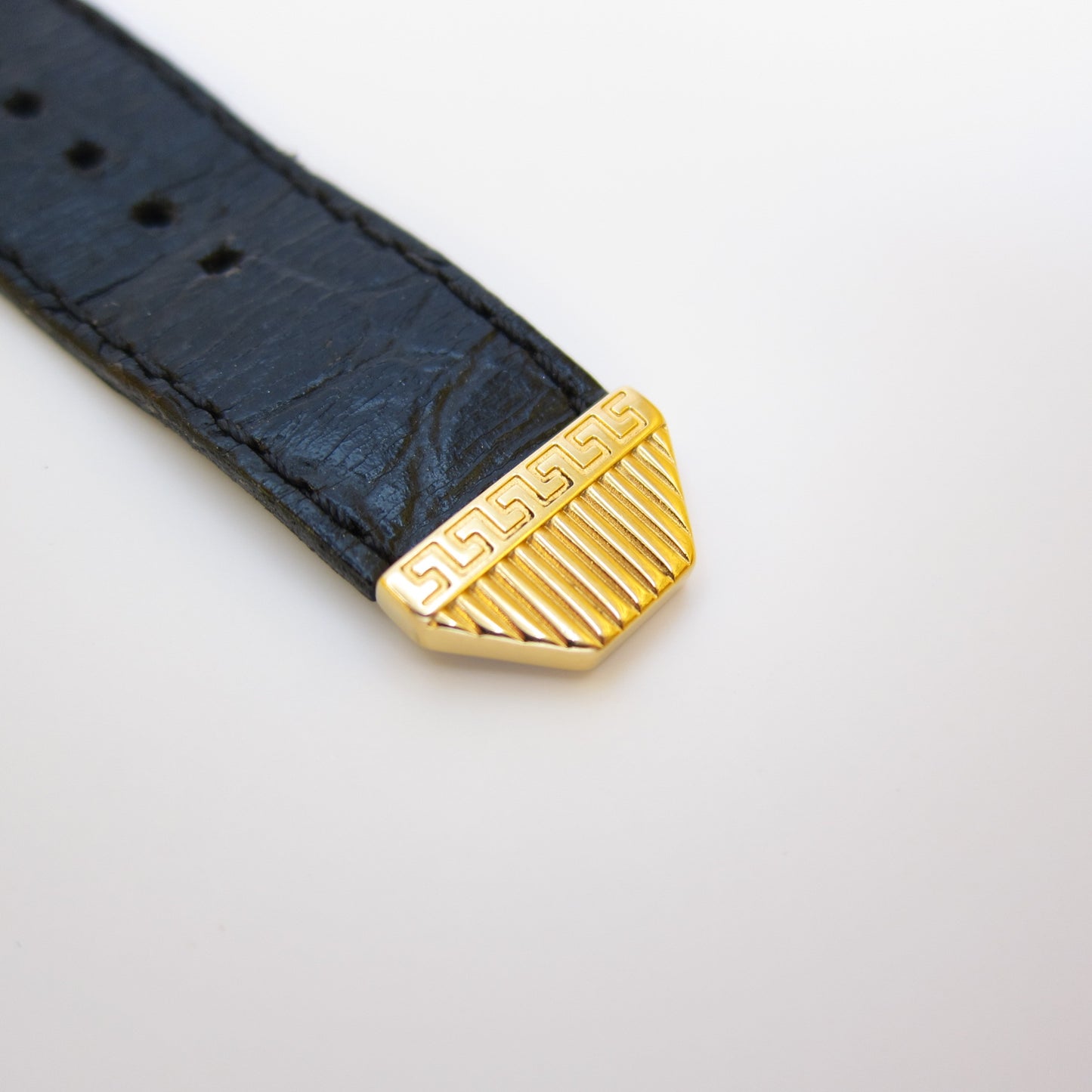 Gianni Versace Vintage Rectangle Gold Frame Yellow Face with Medusa Black Leather Strap Watch