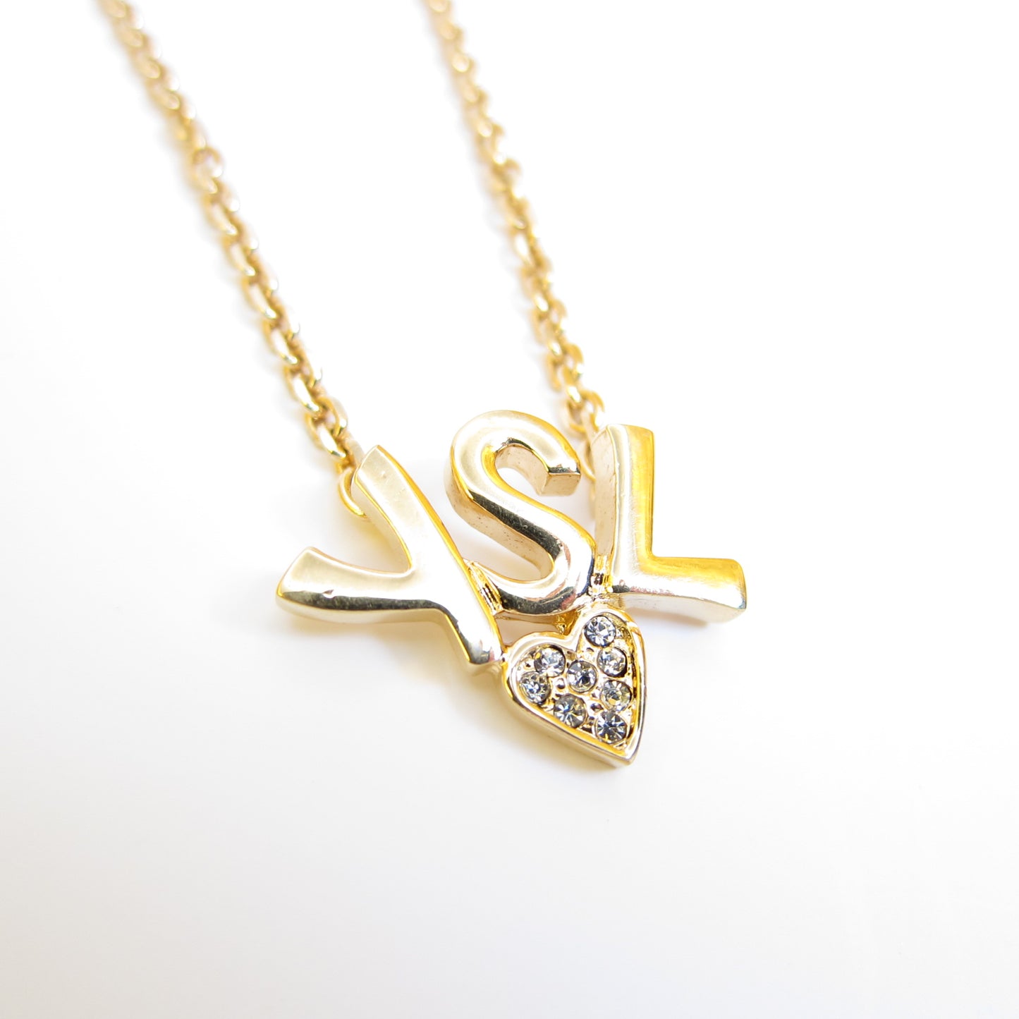 Yves Saint Laurent Vintage YSL Logo and Heart with Rhinestone Golden Necklace