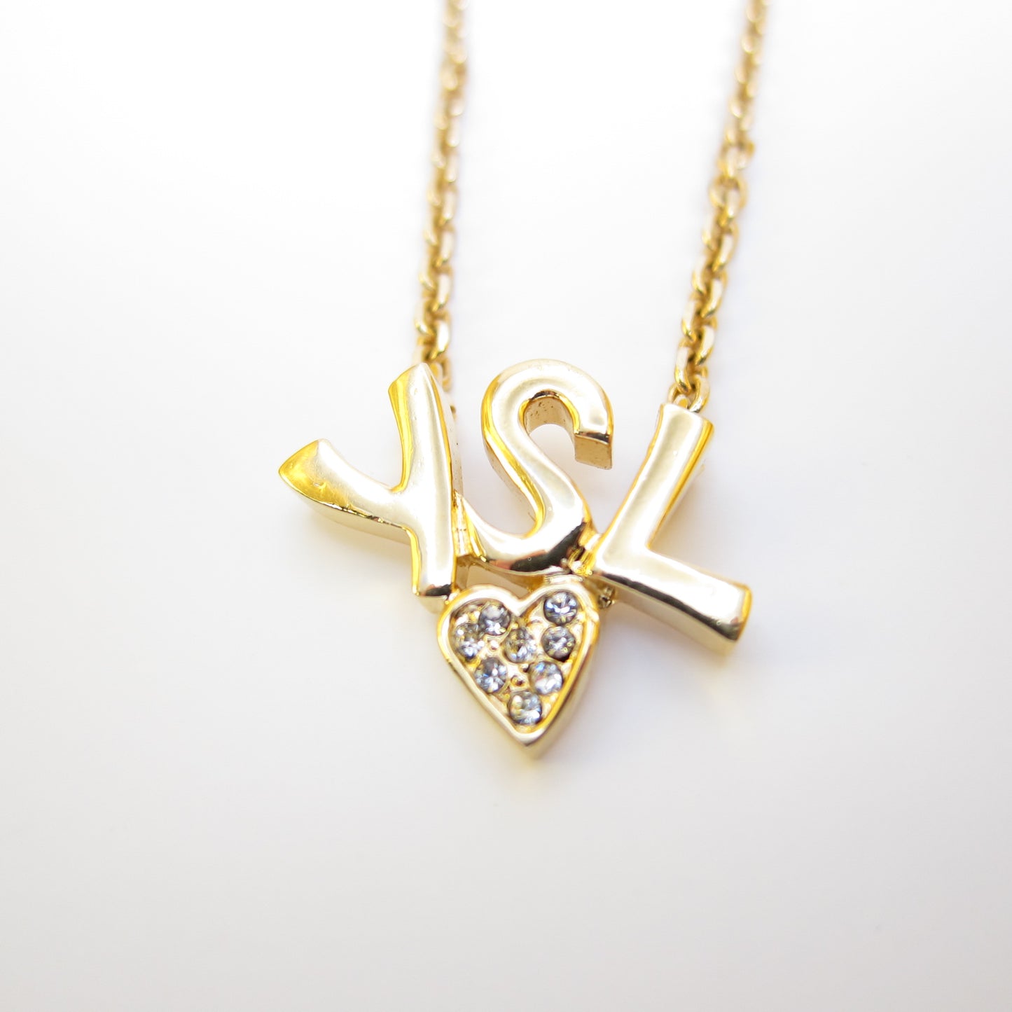 Yves Saint Laurent Vintage YSL Logo and Heart with Rhinestone Golden Necklace