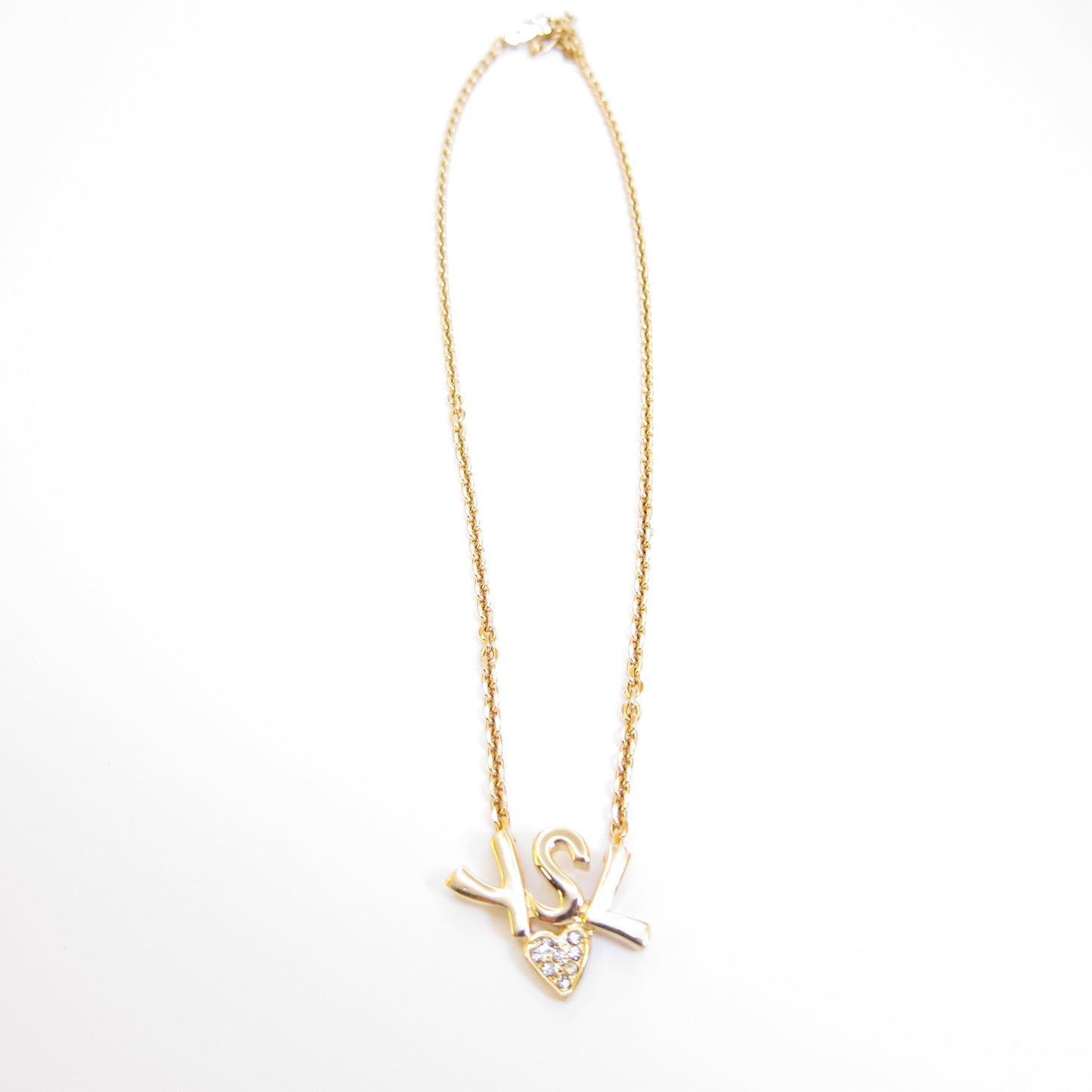 Yves Saint Laurent Vintage YSL Logo and Heart with Rhinestone Golden Necklace
