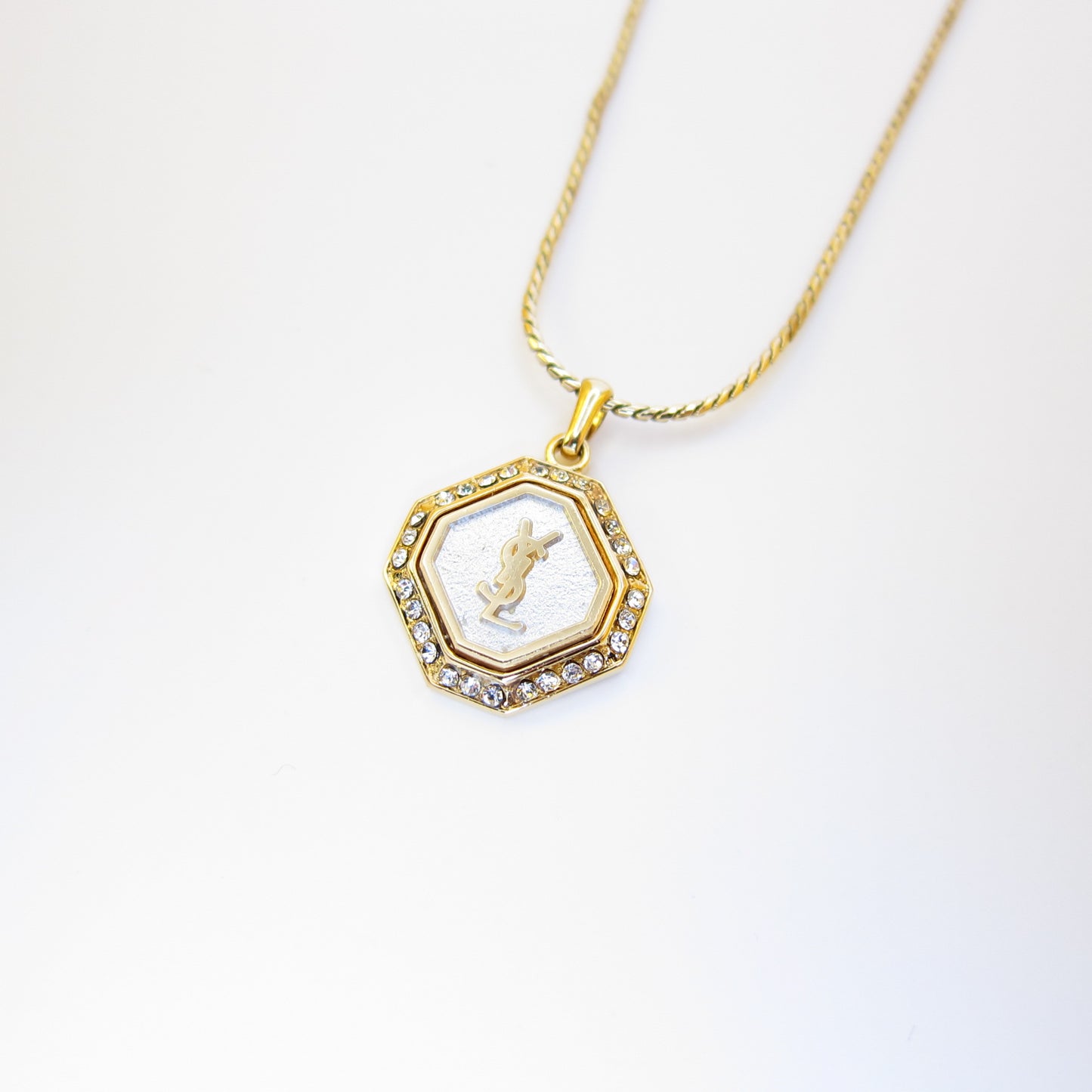 Yves Saint Laurent Vintage YSL Logo in Silver Octagon with Rhinestone Golden Necklace