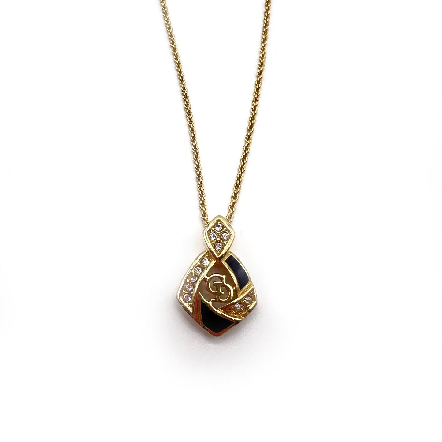 Christian Dior Vintage CD Logo With Rhinestone Black And Golden Necklace