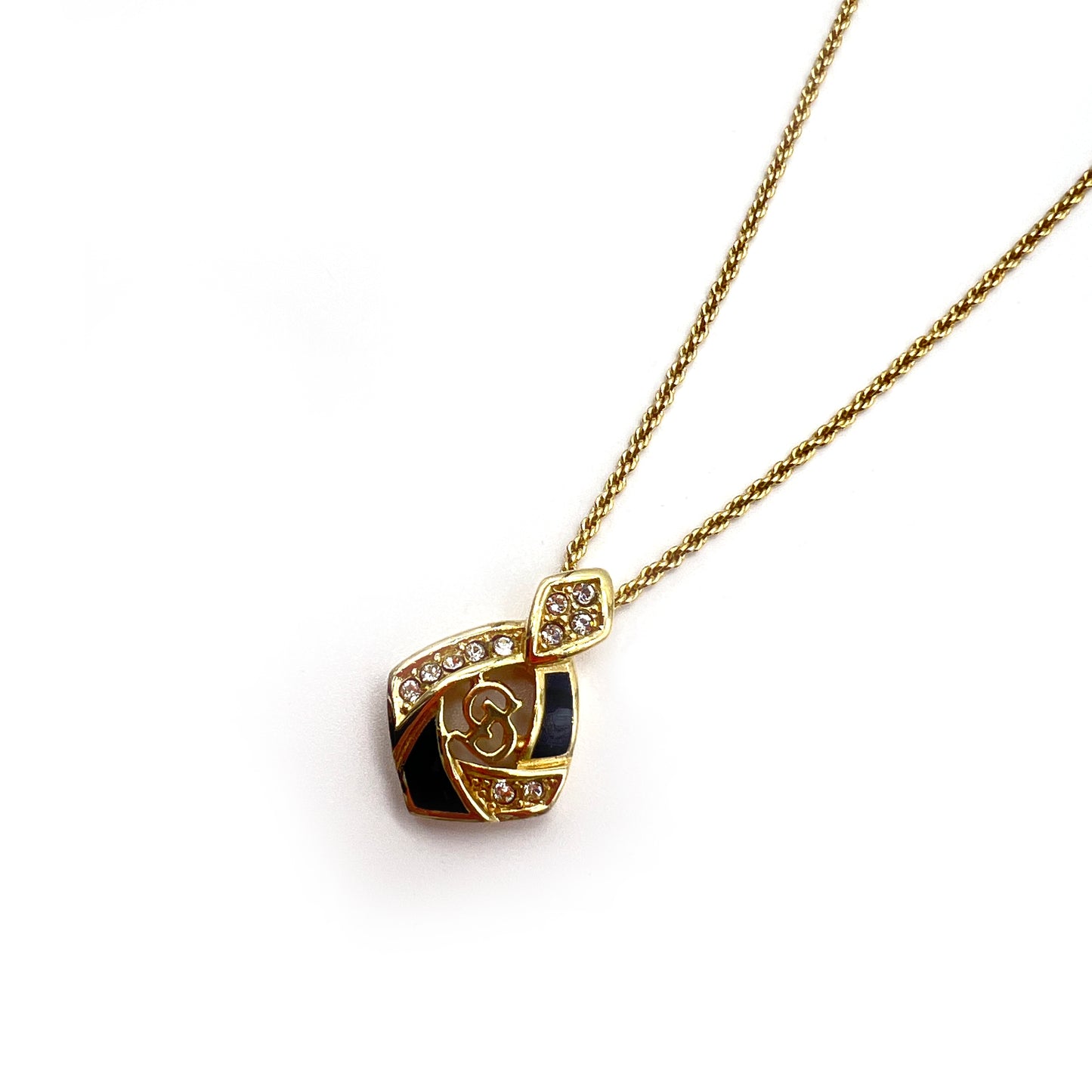 Christian Dior Vintage CD Logo With Rhinestone Black And Golden Necklace
