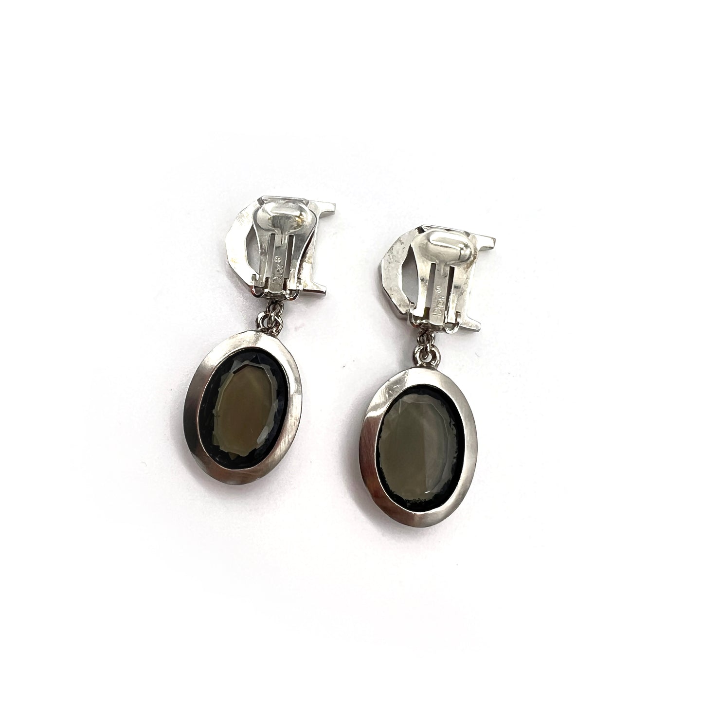 Christian Dior Vintage D Logo Grey Color Stone Clip-On Earrings