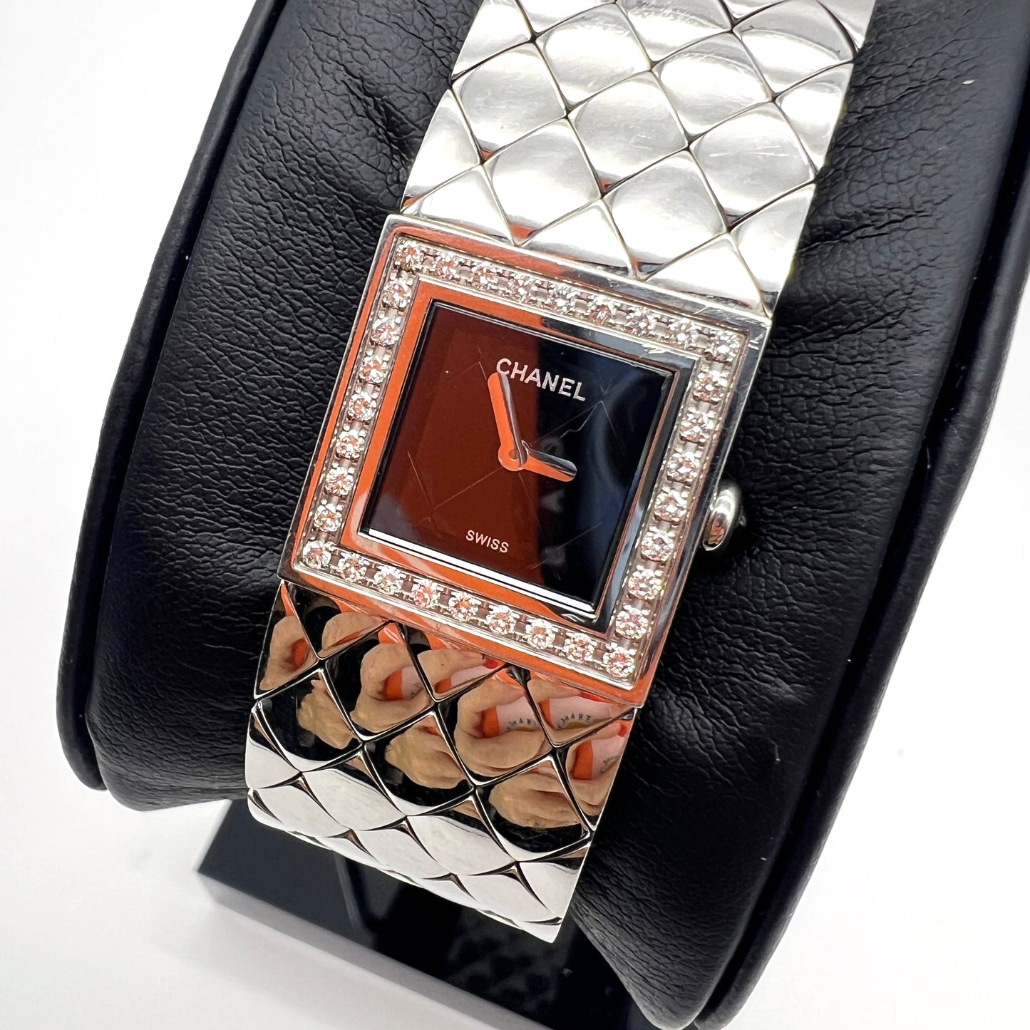 Chanel Vintage Matelasse Diamond Watch With Black Dial