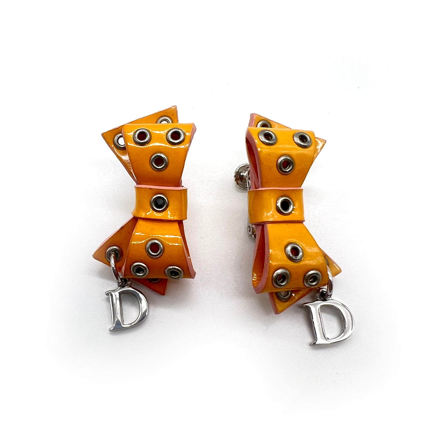 Christian Dior Vintage D Logo With Orange Color Ribbon Clip-on Earrings