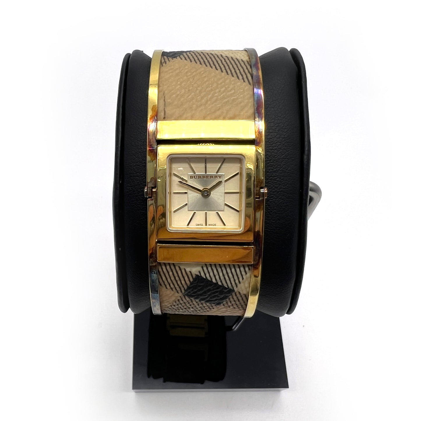 Burberry Vintage Squre White Face With Canvas Golden Stainless Steel Bangle Watch