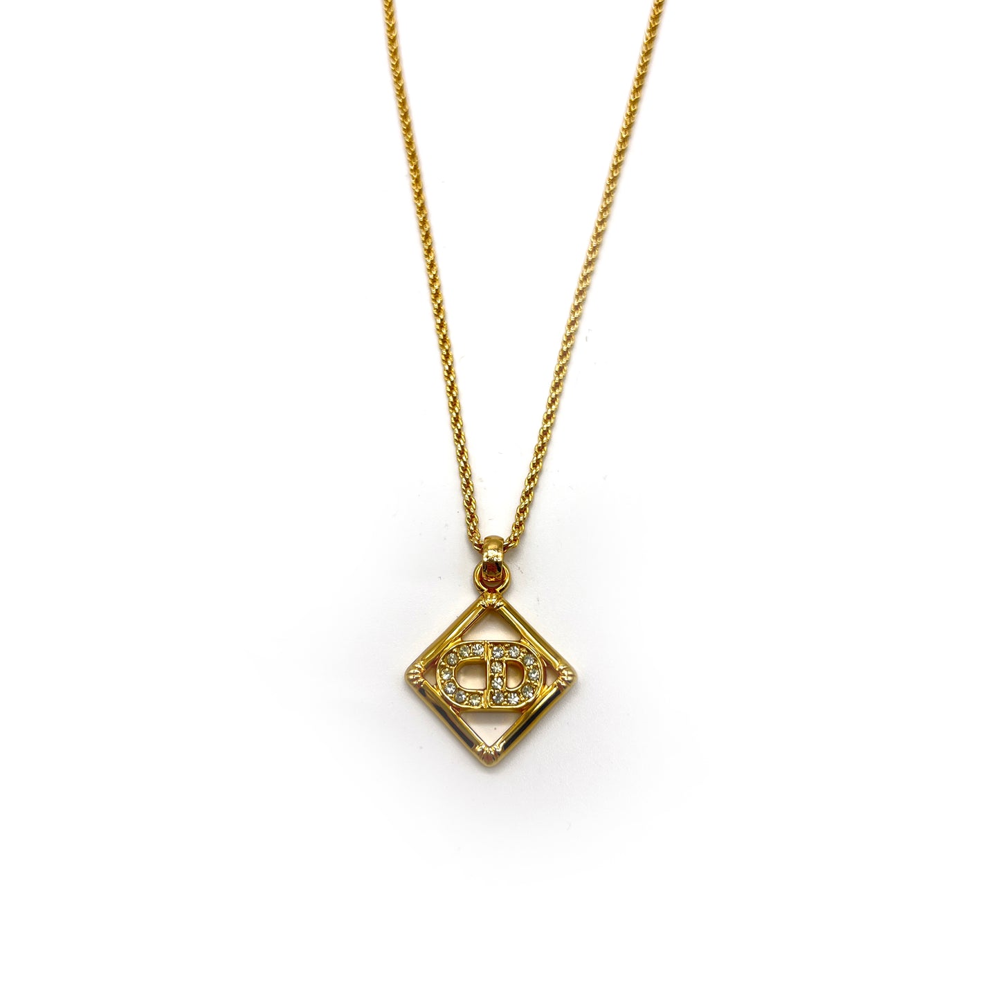 Christian Dior Vintage CD Logo With Rhinestone In Diamond Shape Pendant Golden Necklace
