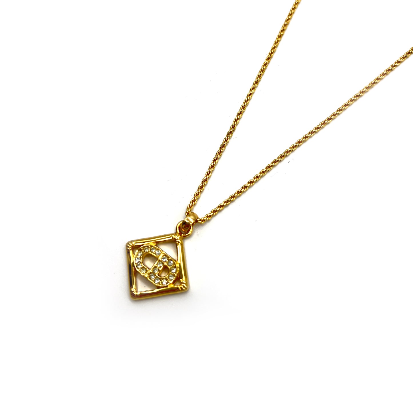 Christian Dior Vintage CD Logo With Rhinestone In Diamond Shape Pendant Golden Necklace