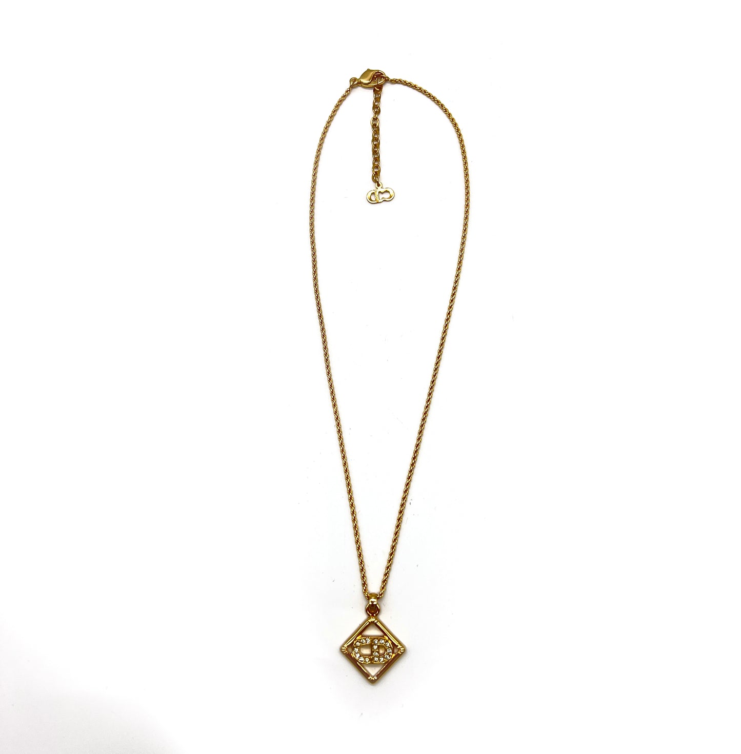 Christian Dior Vintage CD Logo With Rhinestone In Diamond Shape Pendant Golden Necklace