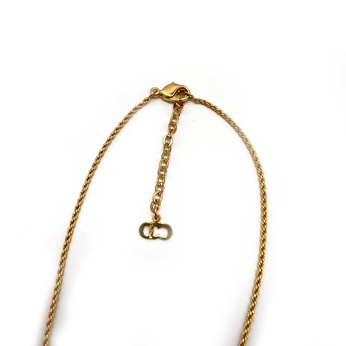 Christian Dior Vintage CD Logo With Rhinestone In Diamond Shape Pendant Golden Necklace