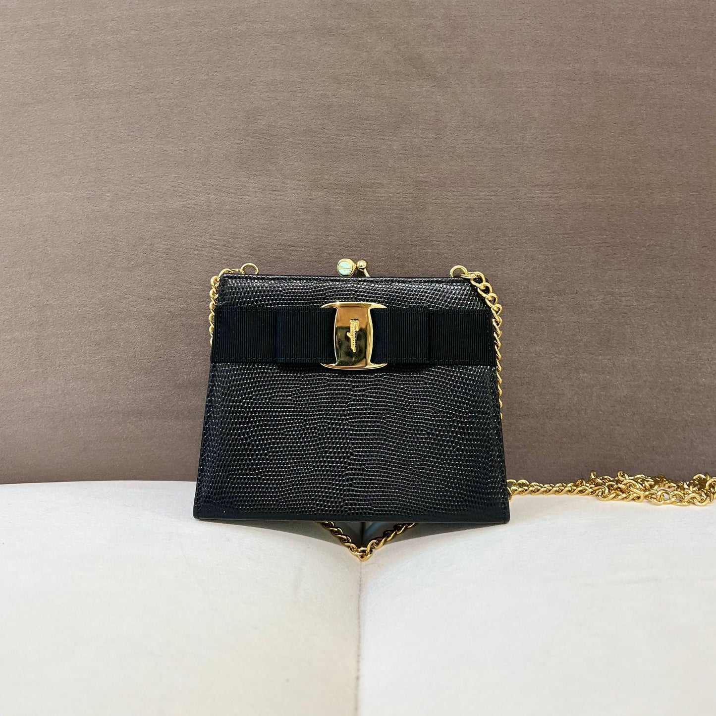 Ferragamo Vintage Mini Black Lizard Shoulder Bags With Golden Chain