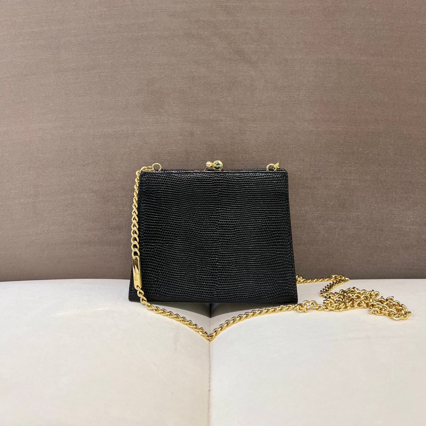 Ferragamo Vintage Mini Black Lizard Shoulder Bags With Golden Chain