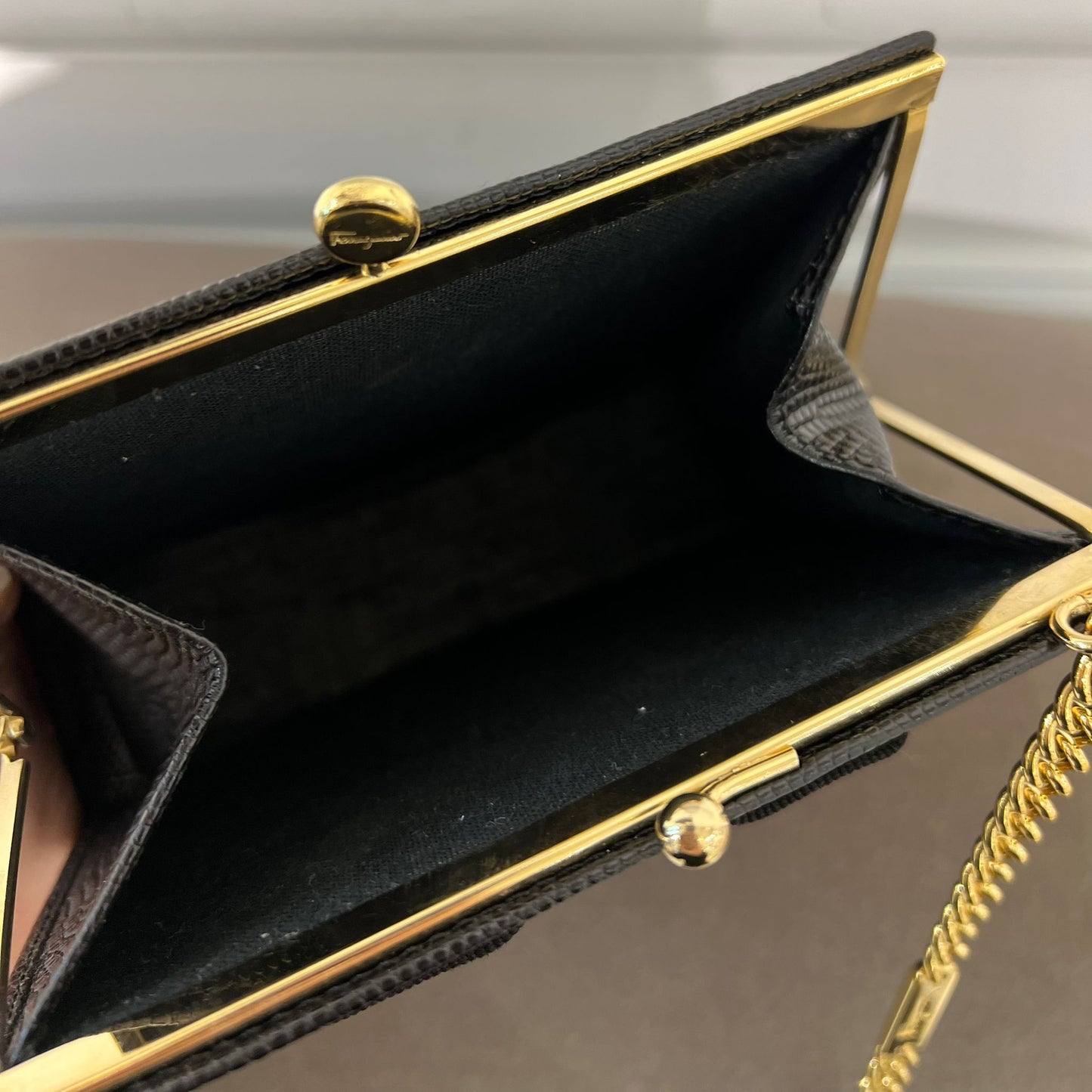 Ferragamo Vintage Mini Black Lizard Shoulder Bags With Golden Chain
