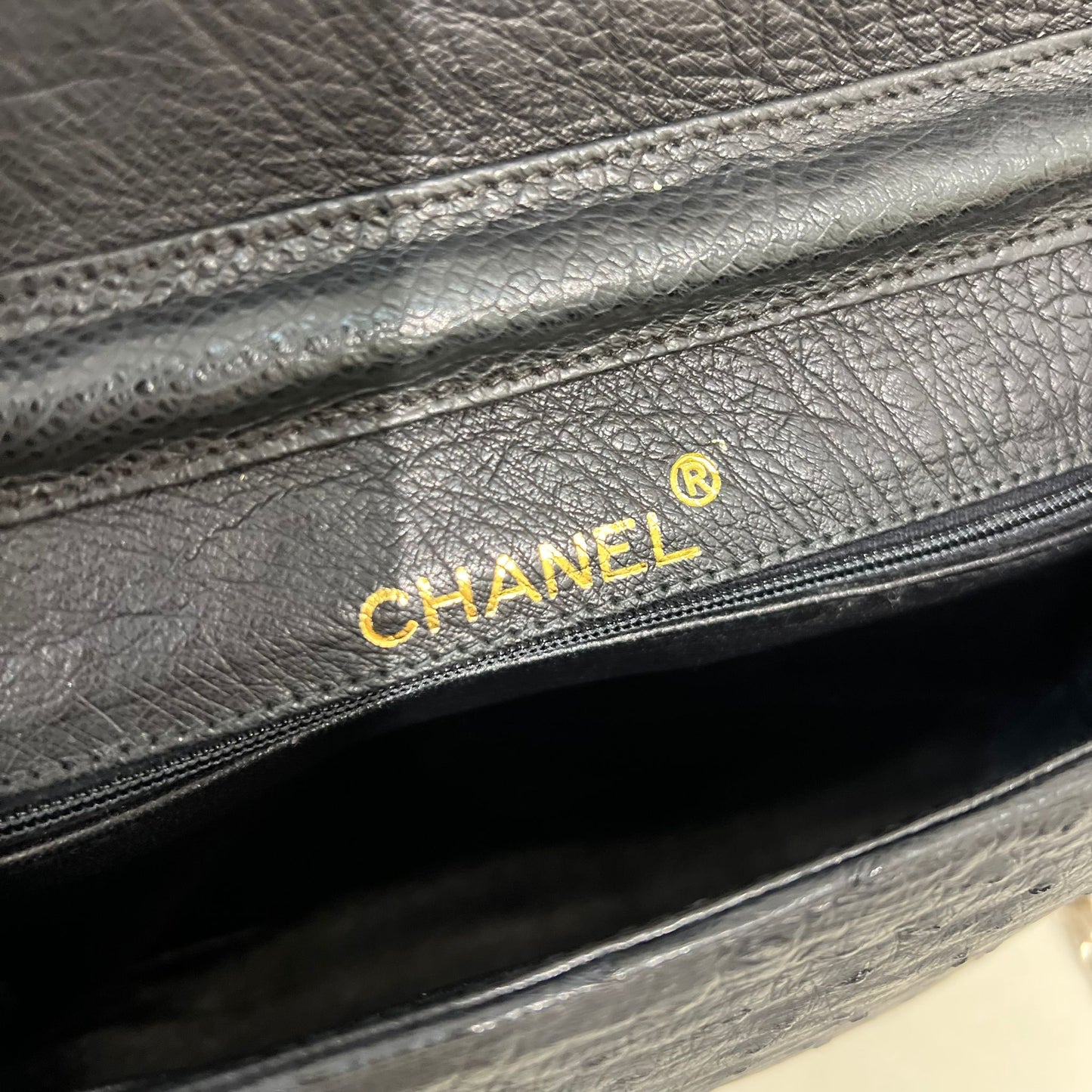 Chanel Vintage Black Ostrich Leather Chain Shoulder Bag