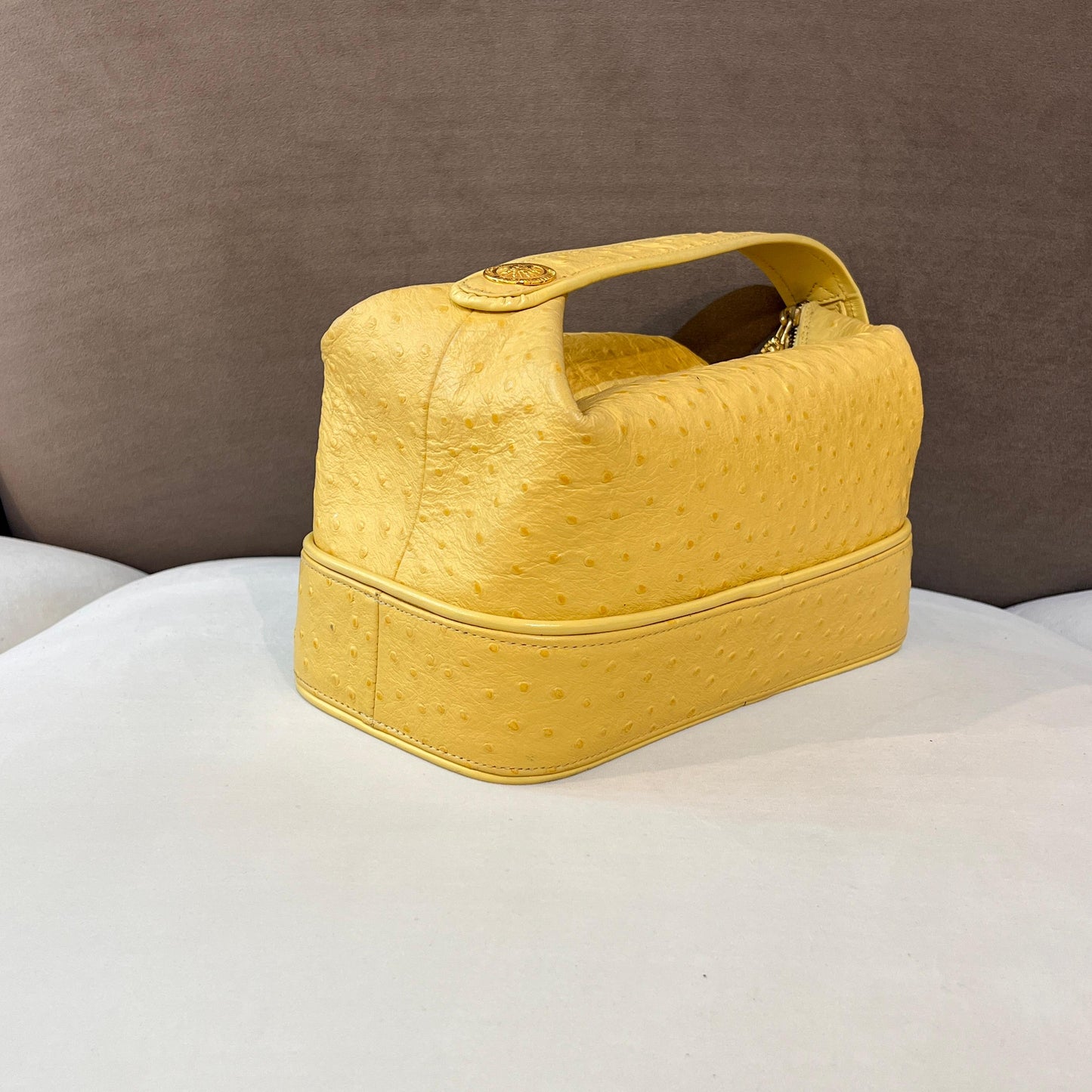 Versace Vintage Beige Ostrich-Embossed Leather Medusa Handle Bag