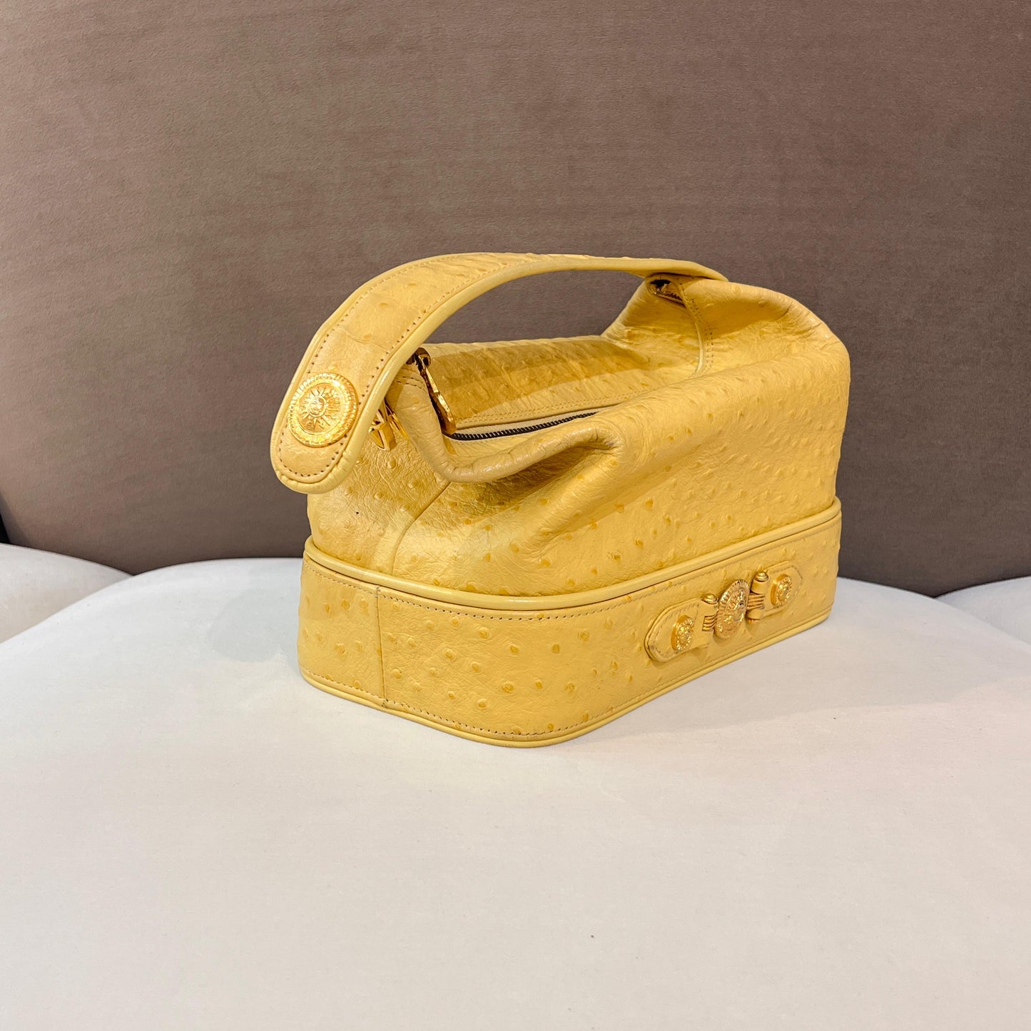 Versace Vintage Beige Ostrich-Embossed Leather Medusa Handle Bag