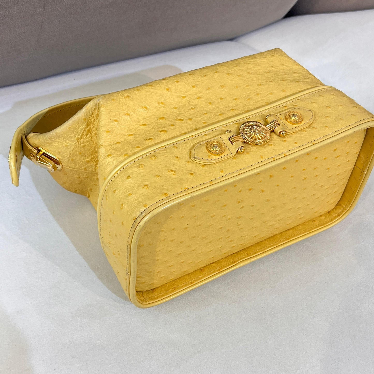 Versace Vintage Beige Ostrich-Embossed Leather Medusa Handle Bag