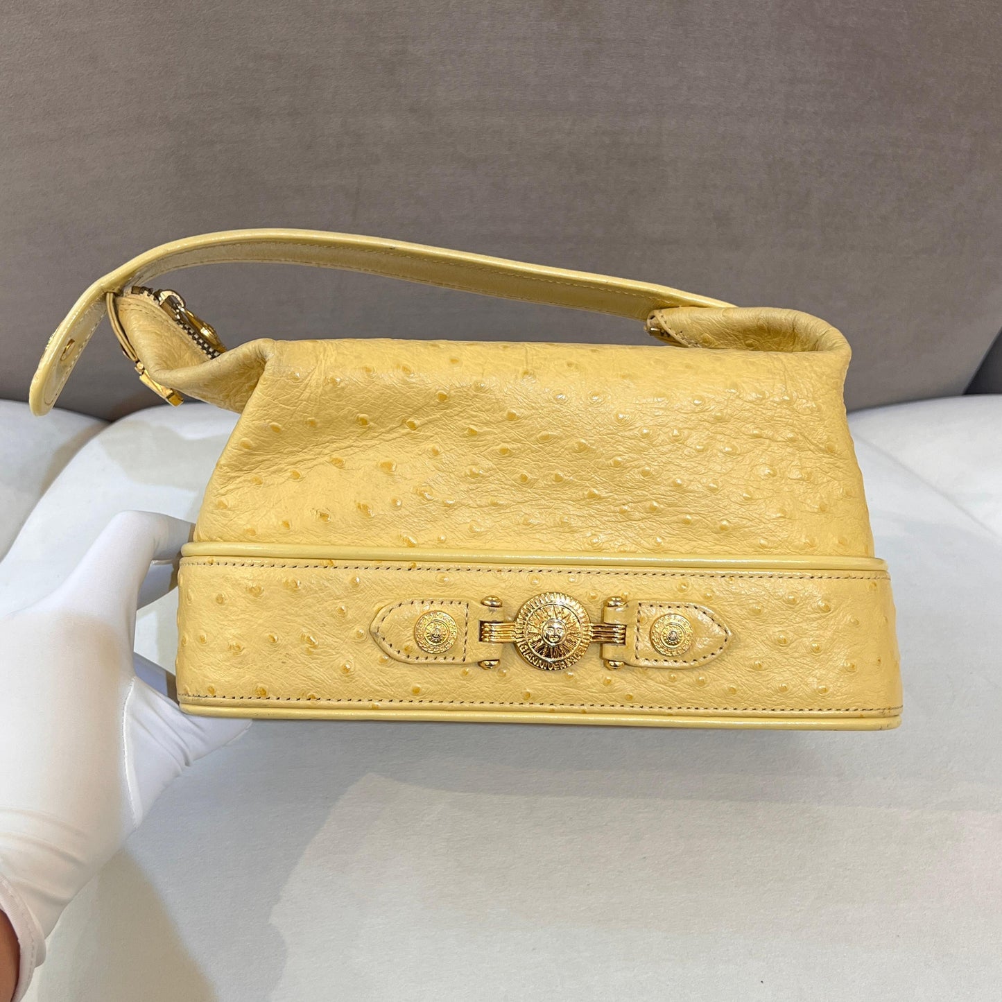 Versace Vintage Beige Ostrich-Embossed Leather Medusa Handle Bag
