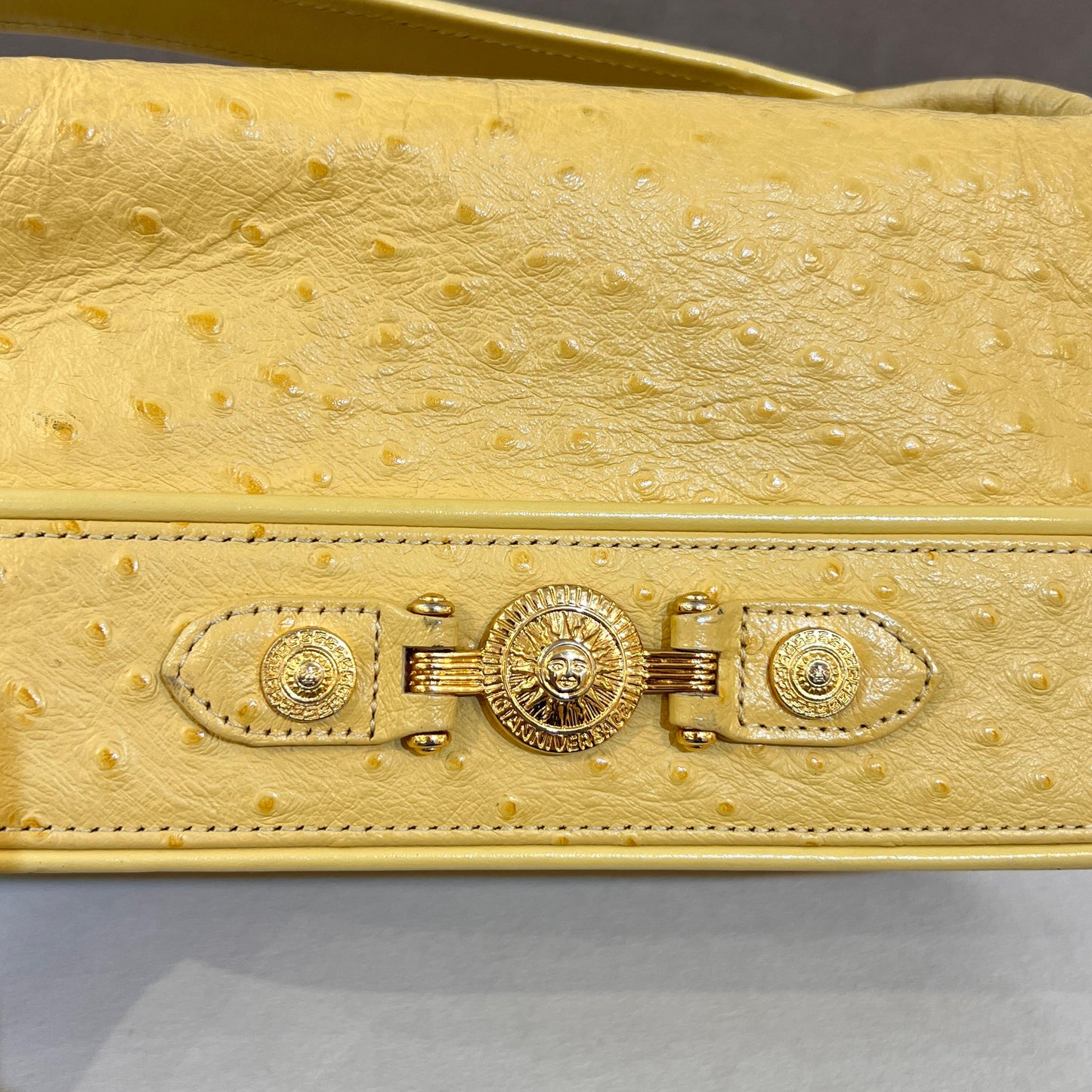 Versace Vintage Beige Ostrich-Embossed Leather Medusa Handle Bag