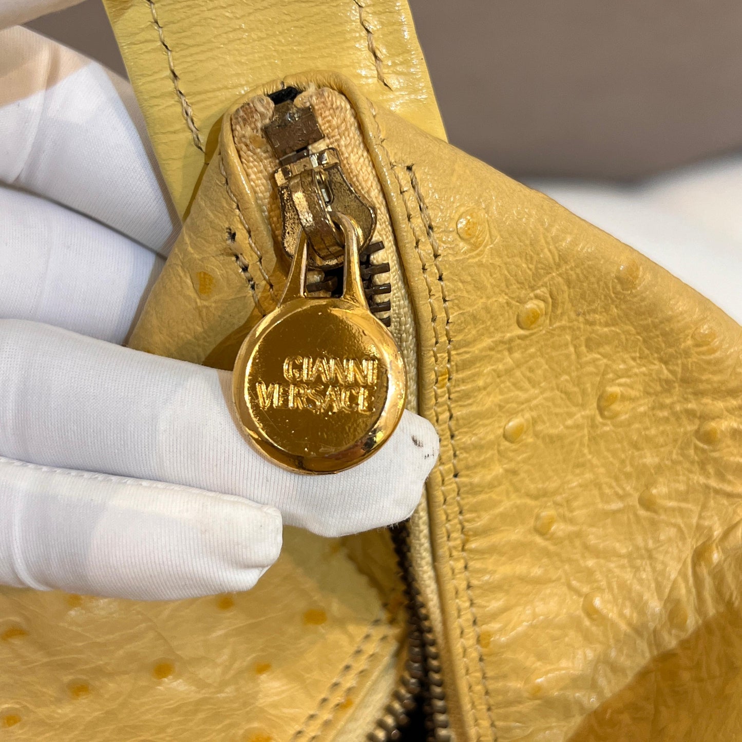 Versace Vintage Beige Ostrich-Embossed Leather Medusa Handle Bag