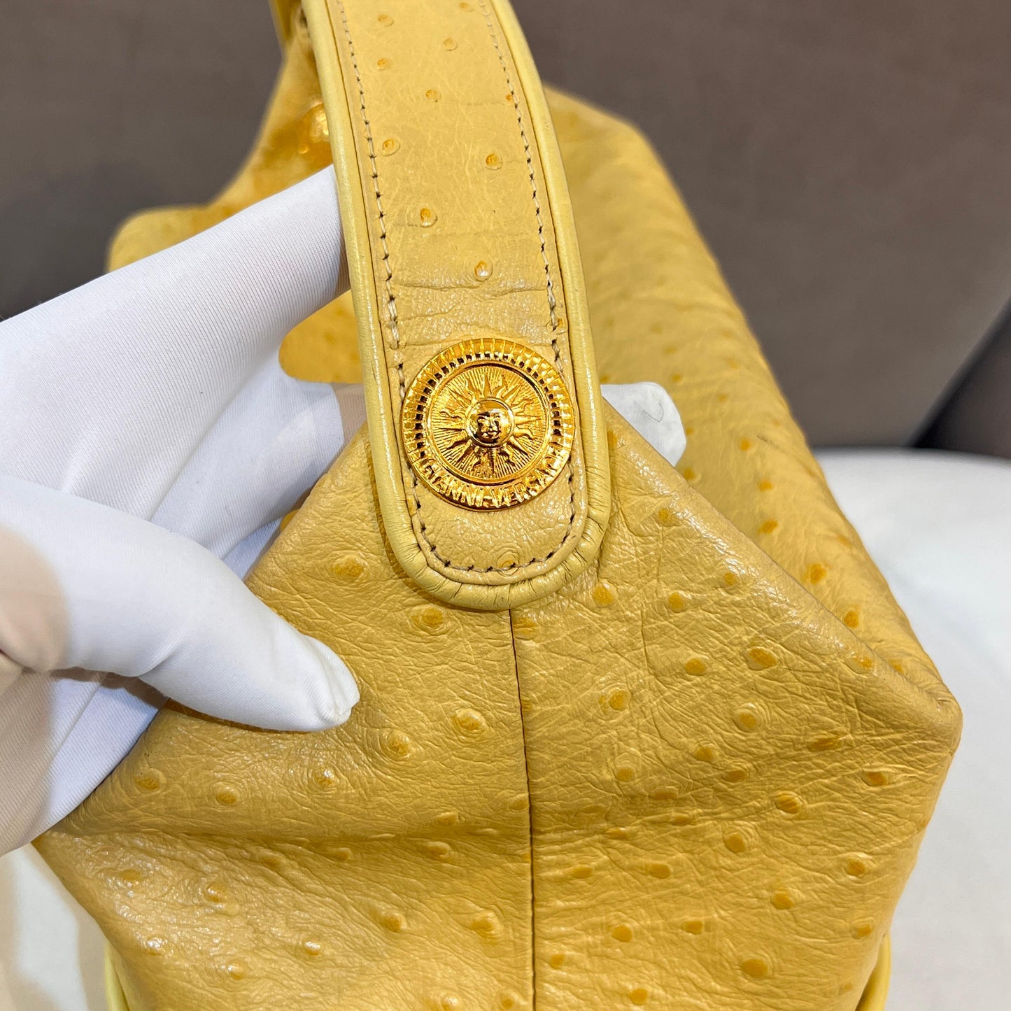 Versace Vintage Beige Ostrich-Embossed Leather Medusa Handle Bag