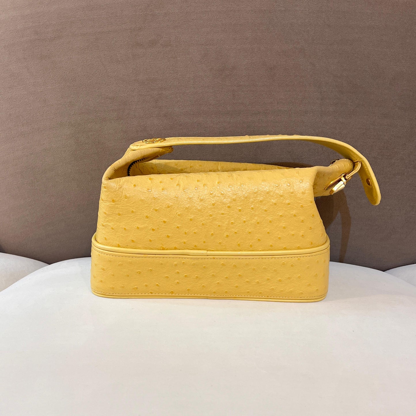 Versace Vintage Beige Ostrich-Embossed Leather Medusa Handle Bag