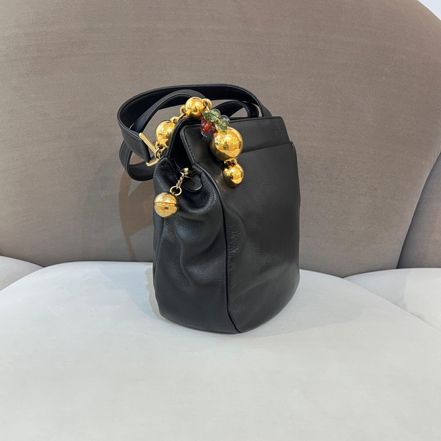 Versace Vintage Black Leather Orb Charm Tote Bag
