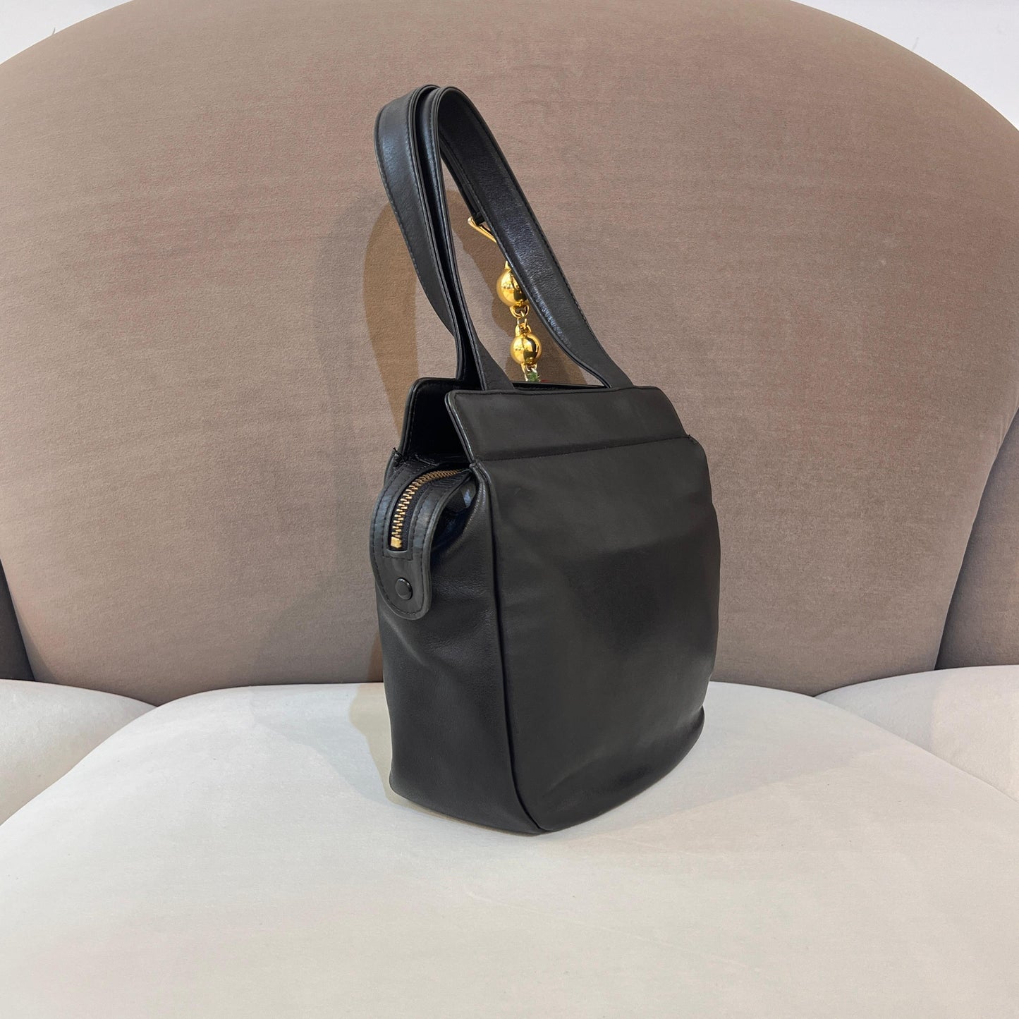 Versace Vintage Black Leather Orb Charm Tote Bag