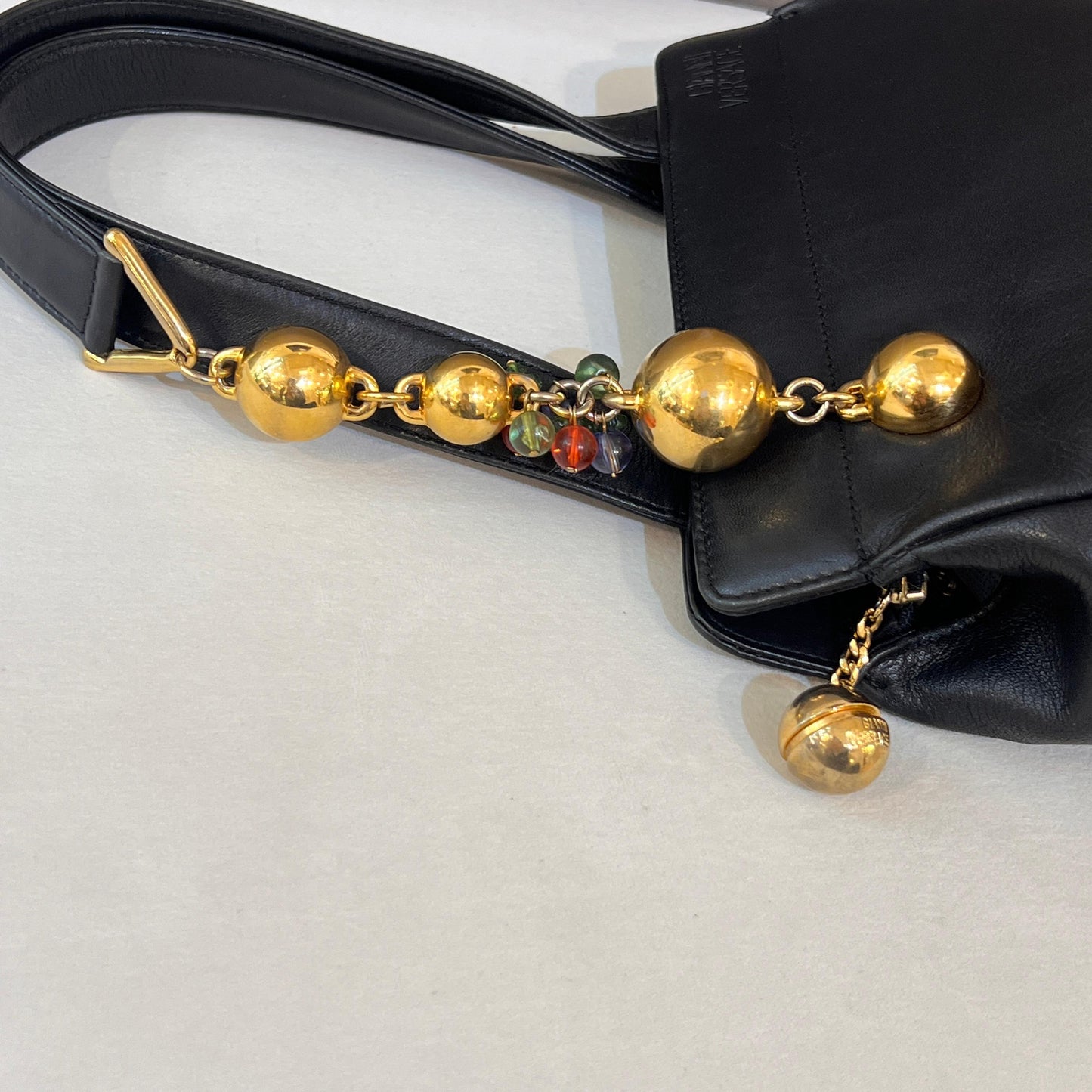 Versace Vintage Black Leather Orb Charm Tote Bag