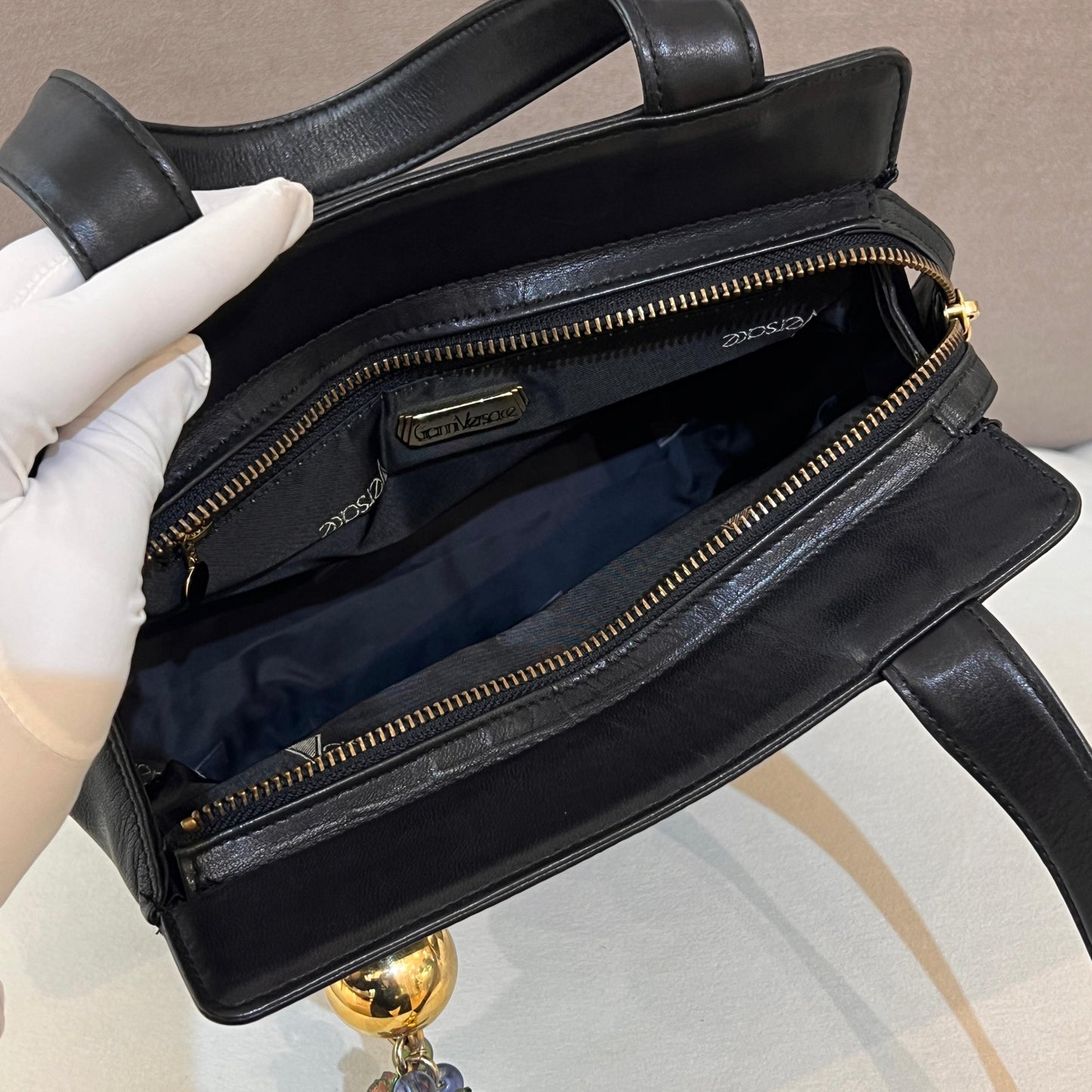 Versace Vintage Black Leather Orb Charm Tote Bag