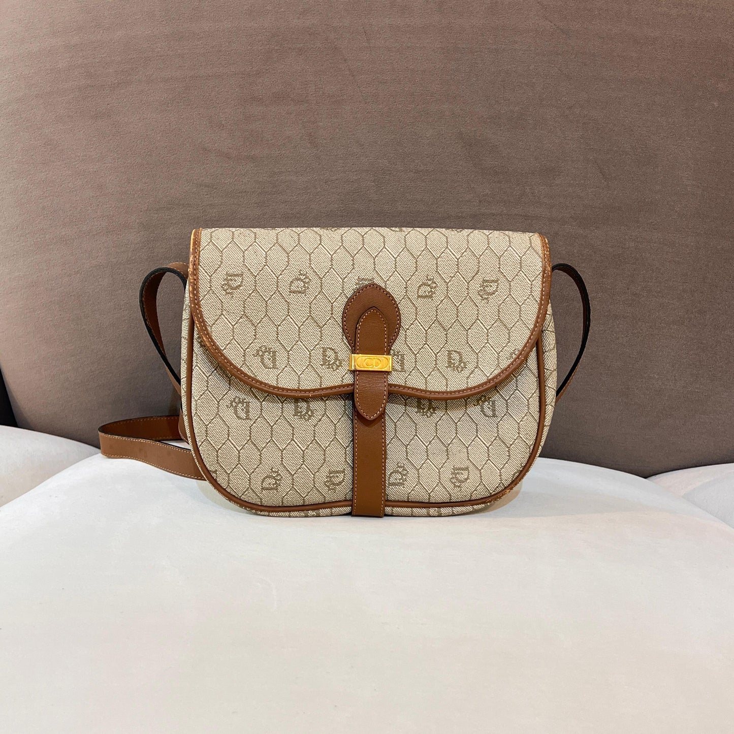 Christian Dior Vintage Beige Pvc Monogram Brown Leather Trim Shoulder Bag