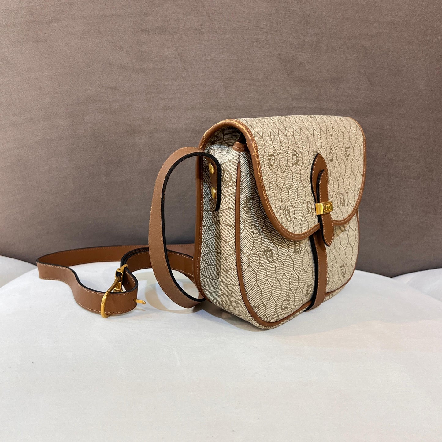 Christian Dior Vintage Beige Pvc Monogram Brown Leather Trim Shoulder Bag