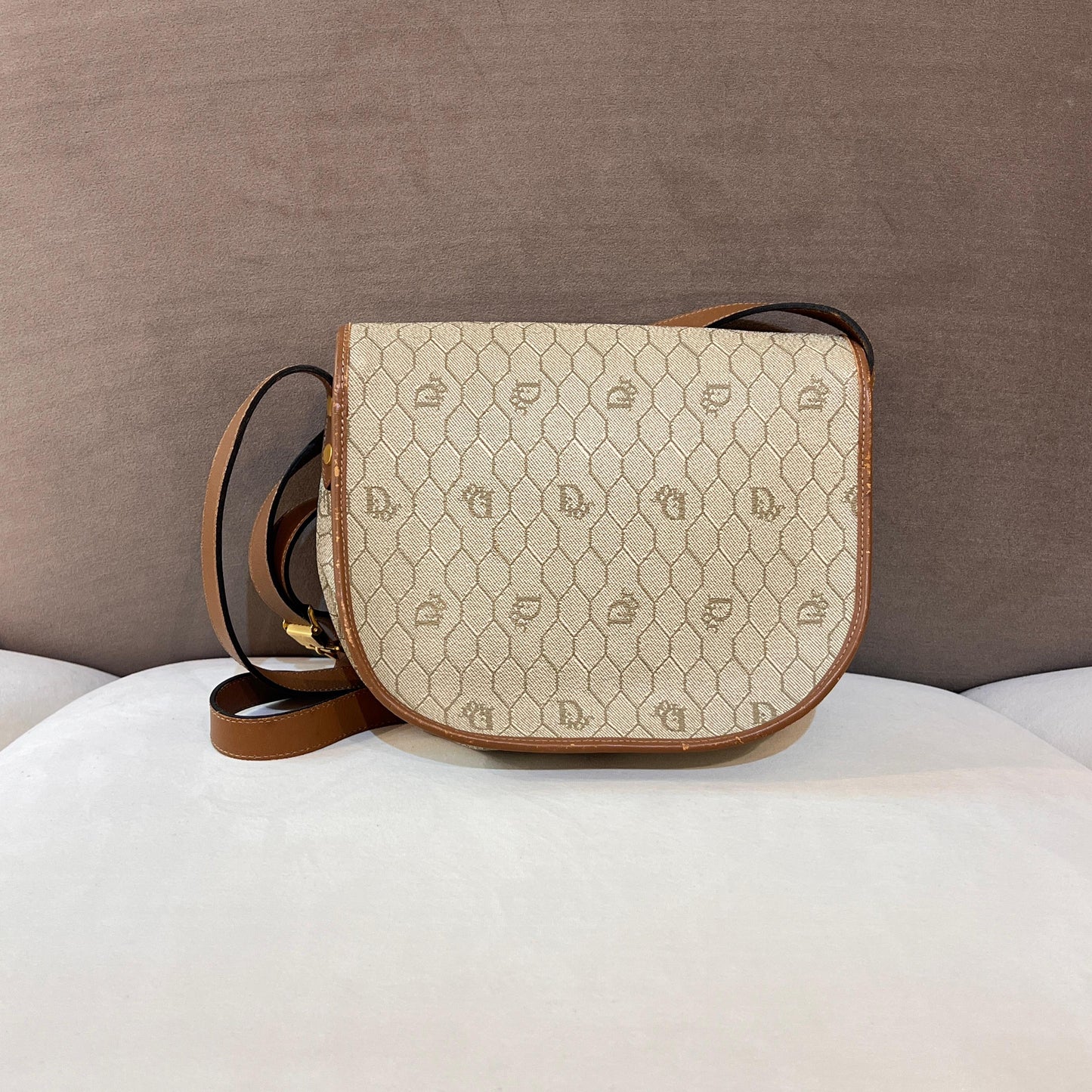 Christian Dior Vintage Beige Pvc Monogram Brown Leather Trim Shoulder Bag