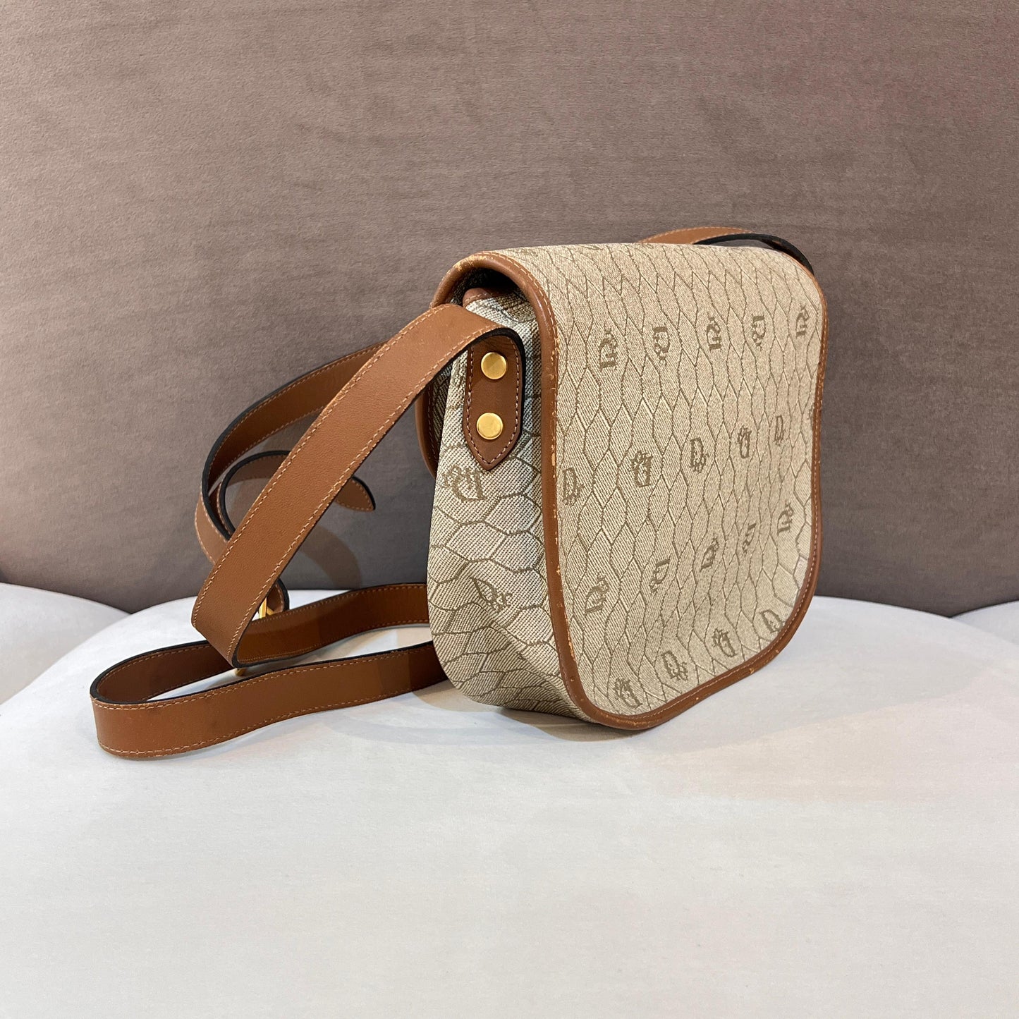 Christian Dior Vintage Beige Pvc Monogram Brown Leather Trim Shoulder Bag