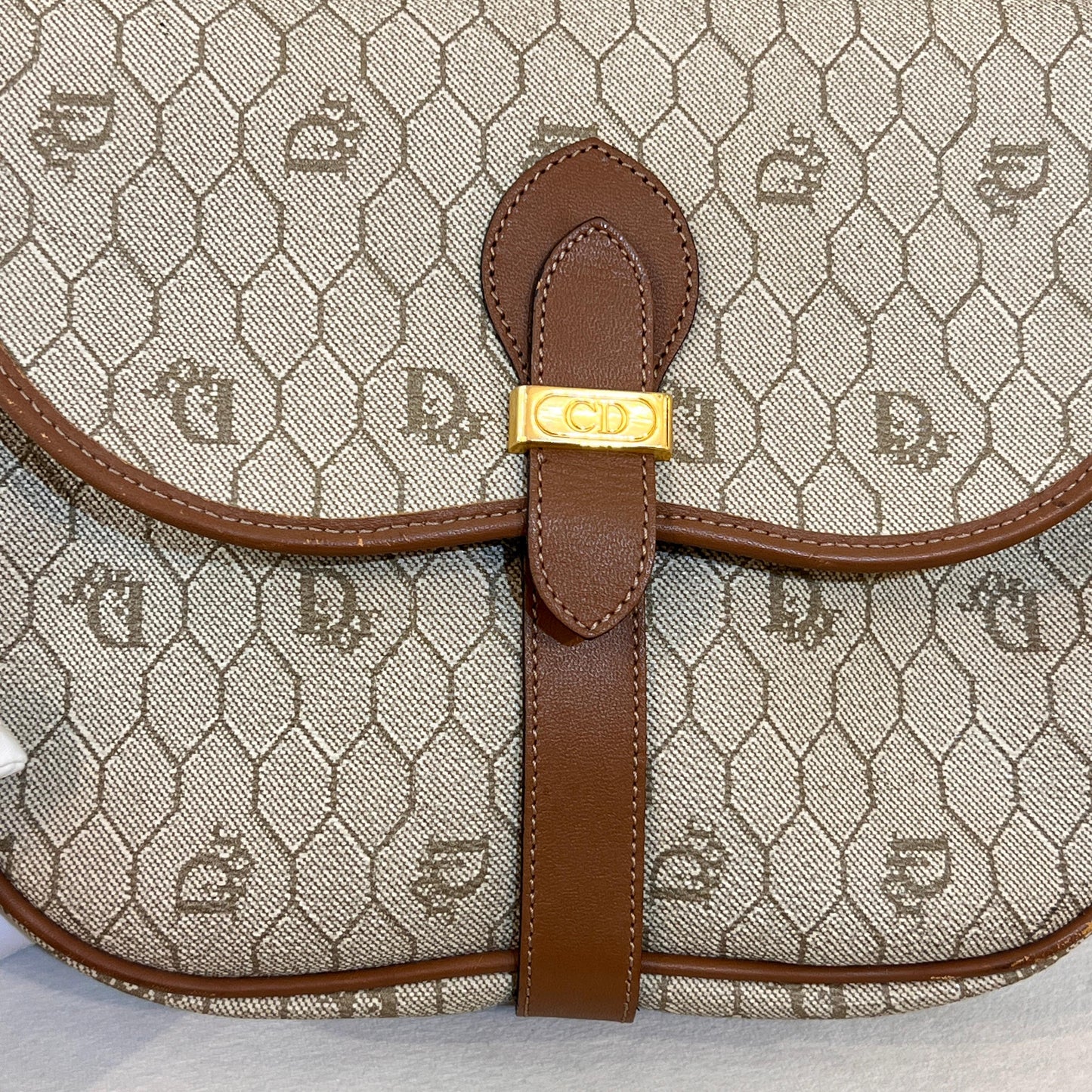 Christian Dior Vintage Beige Pvc Monogram Brown Leather Trim Shoulder Bag